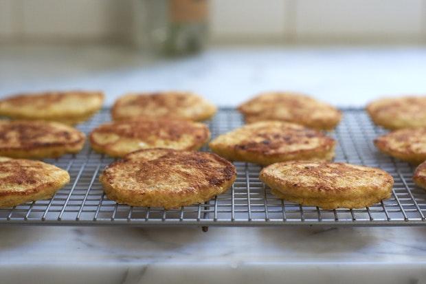 cottage cheese pancakes cooling on a rack