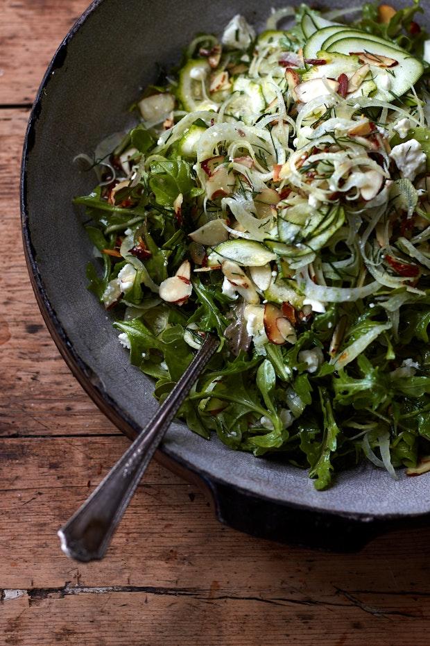 shaved fennel salad in a salad bowl