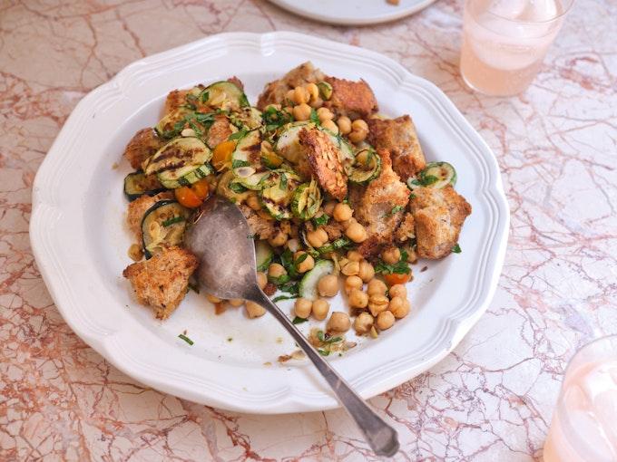 Grilled Zucchini & Bread Salad on a Plate