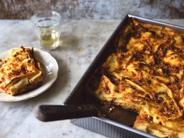 Mushroom Lasagna in a baking pan