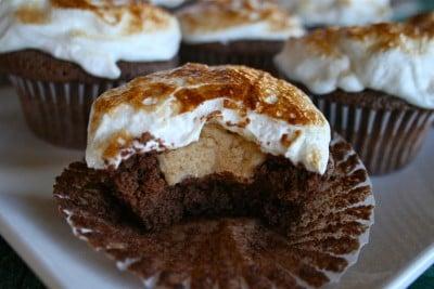 Peanut Butter Cookie Dough Filled Chocolate Cupcakes with Toasted Marshmallow Tops