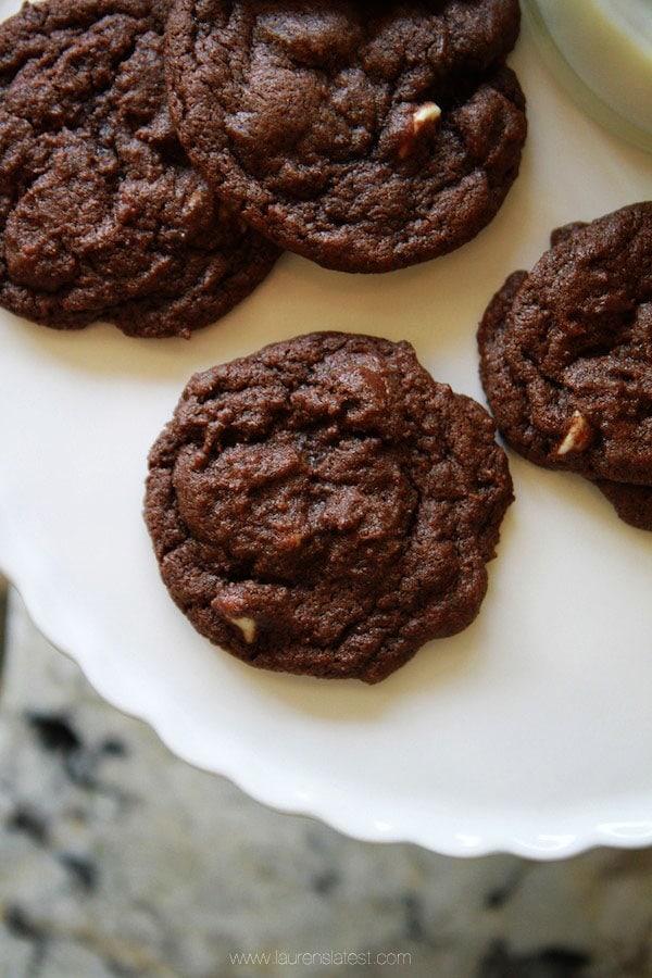 top down view of brownie cookies on a white plate