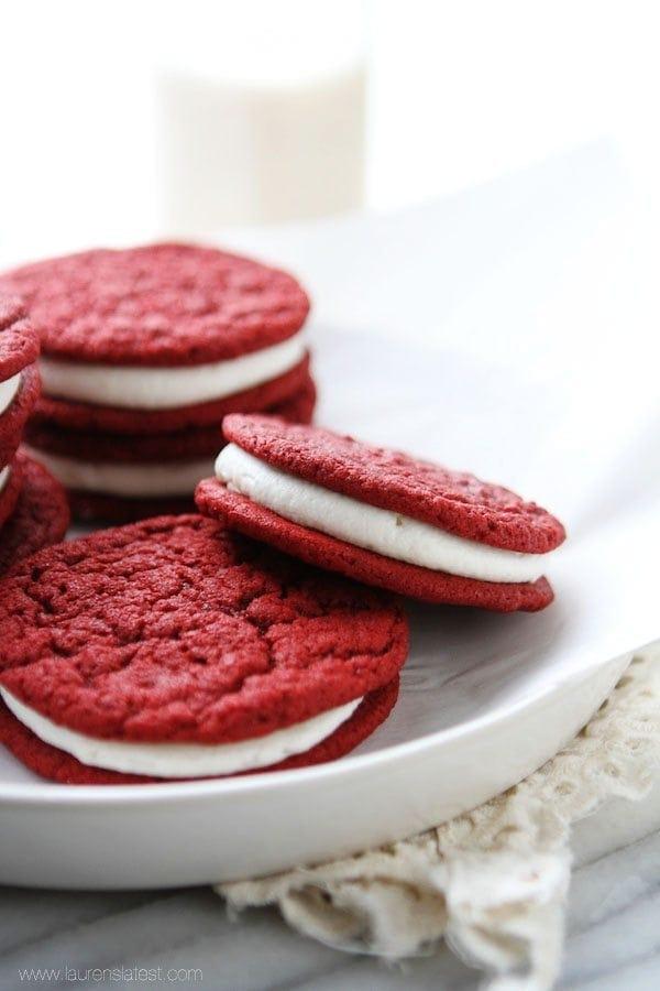 homemade red velvet oreo cookies on a plate