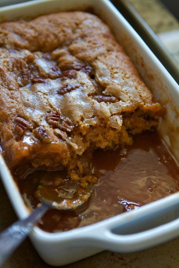 Pumpkin Pecan Cobbler...cake on the top, hot caramel sauce on the bottom!! Fall dessert central.