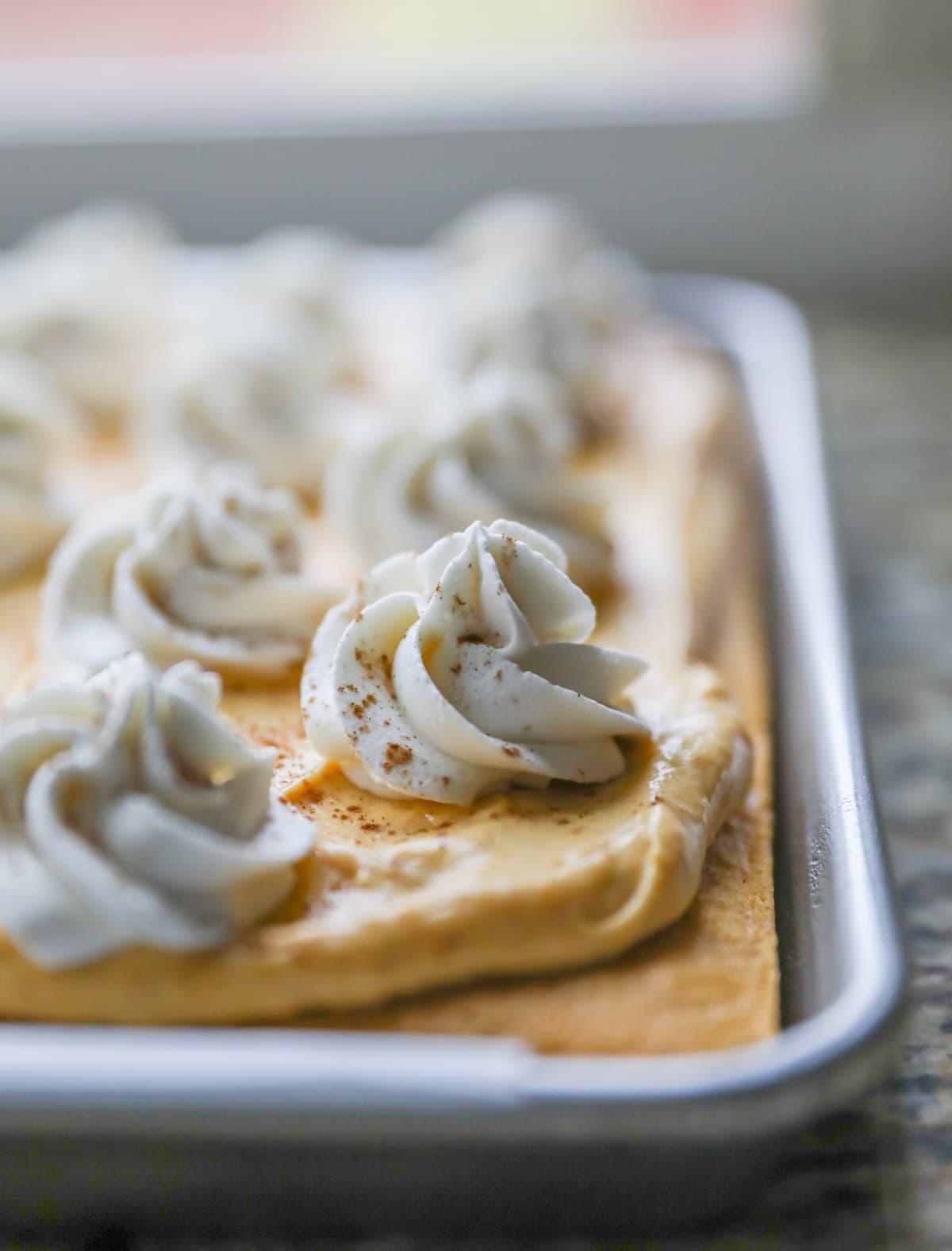 pumpkin pie sheet cake with whipped cream rosettes