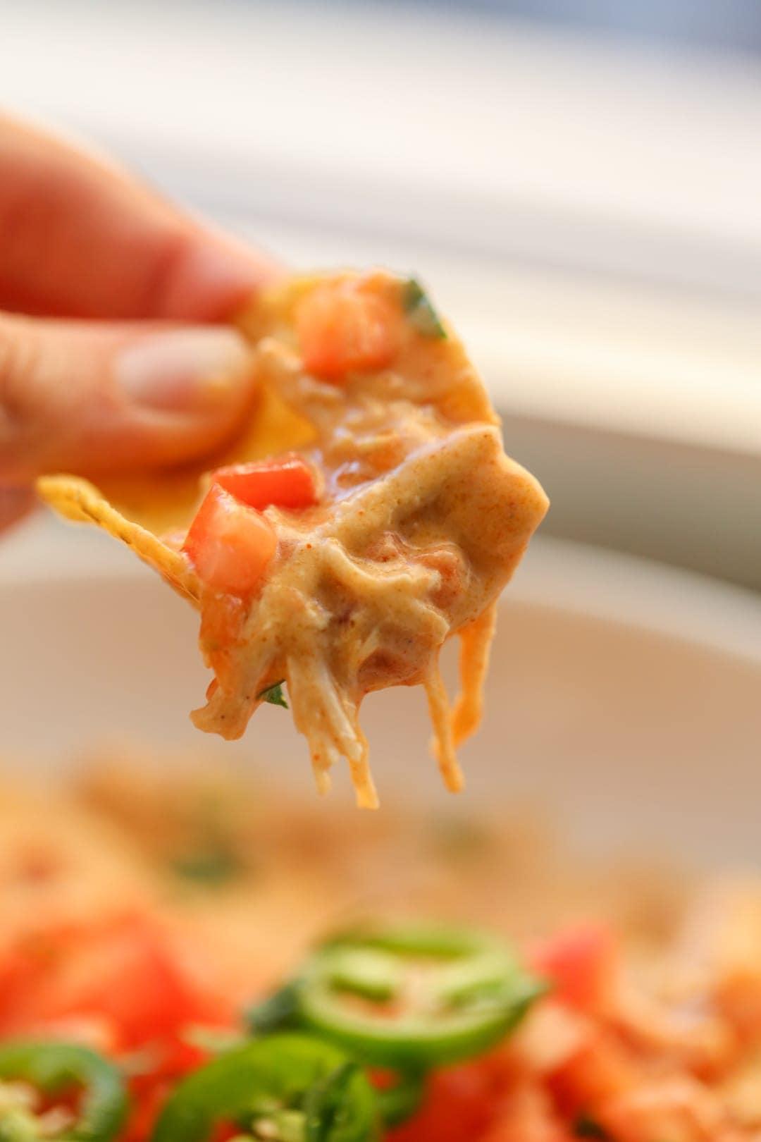 chicken nacho dip on a chip