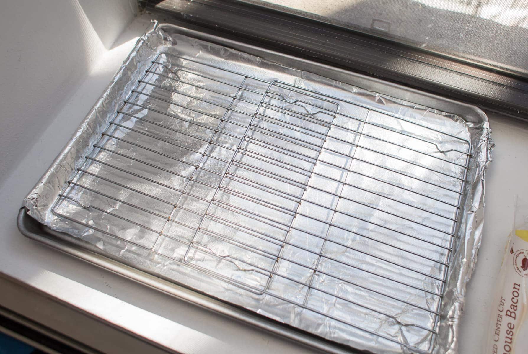 baking sheet with foil and rack