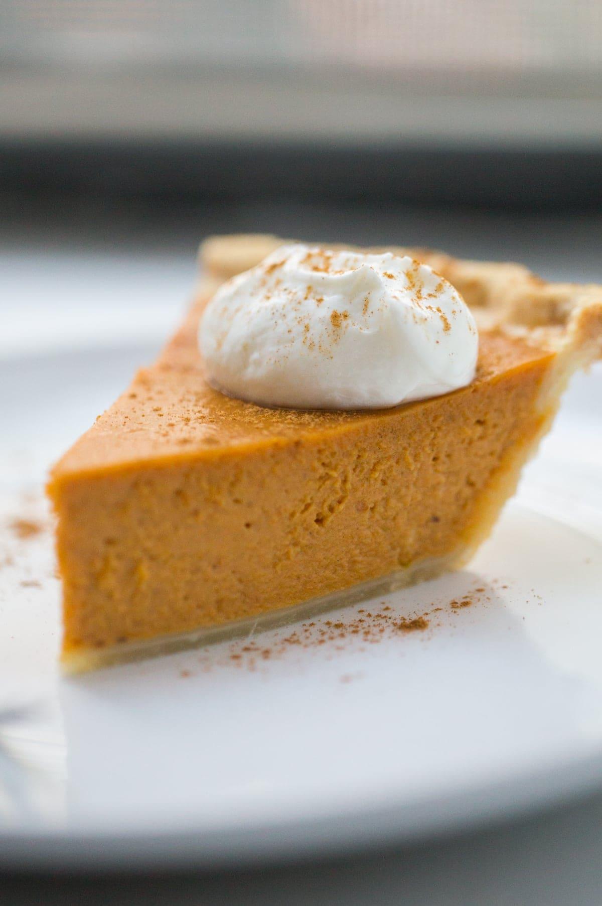 slice of pumpkin pie on a white plate