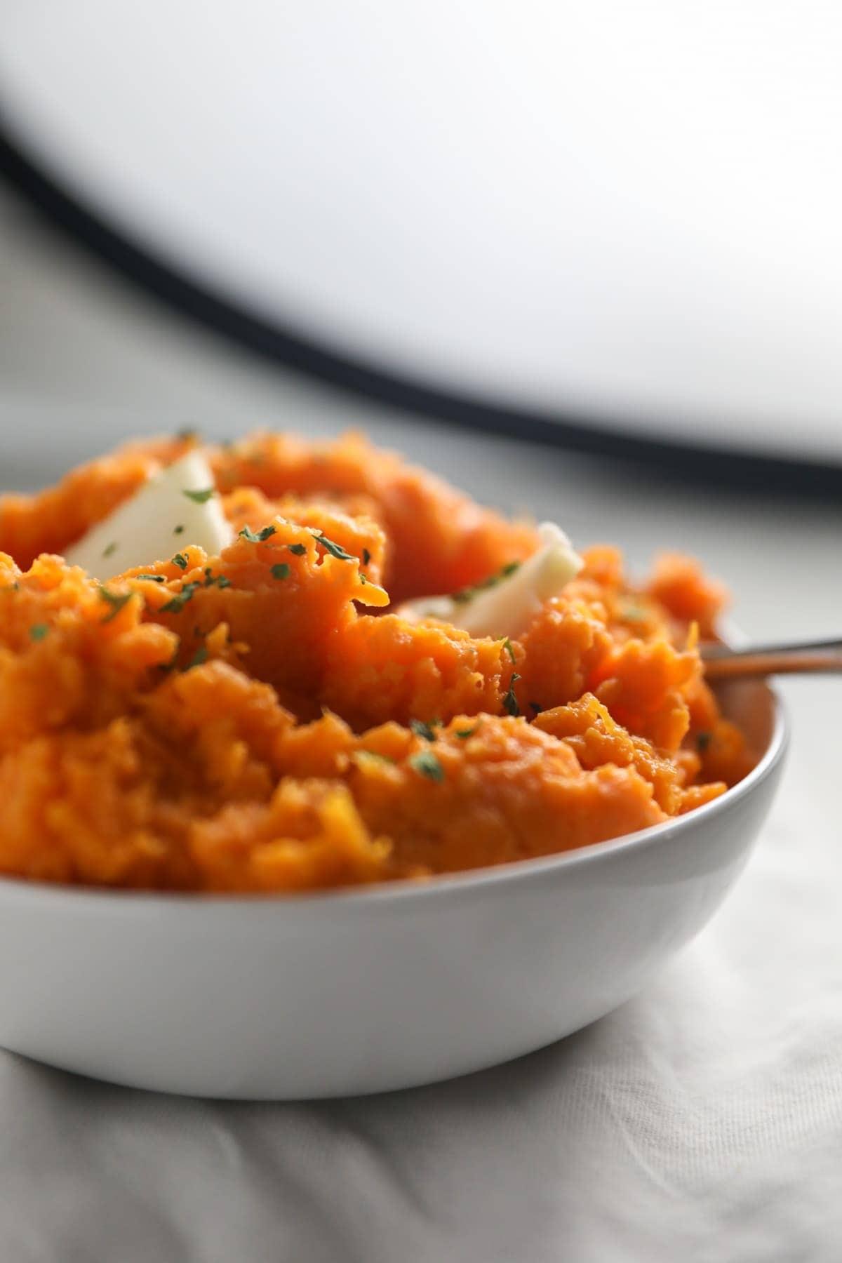 A close up of mashed sweet potatoes