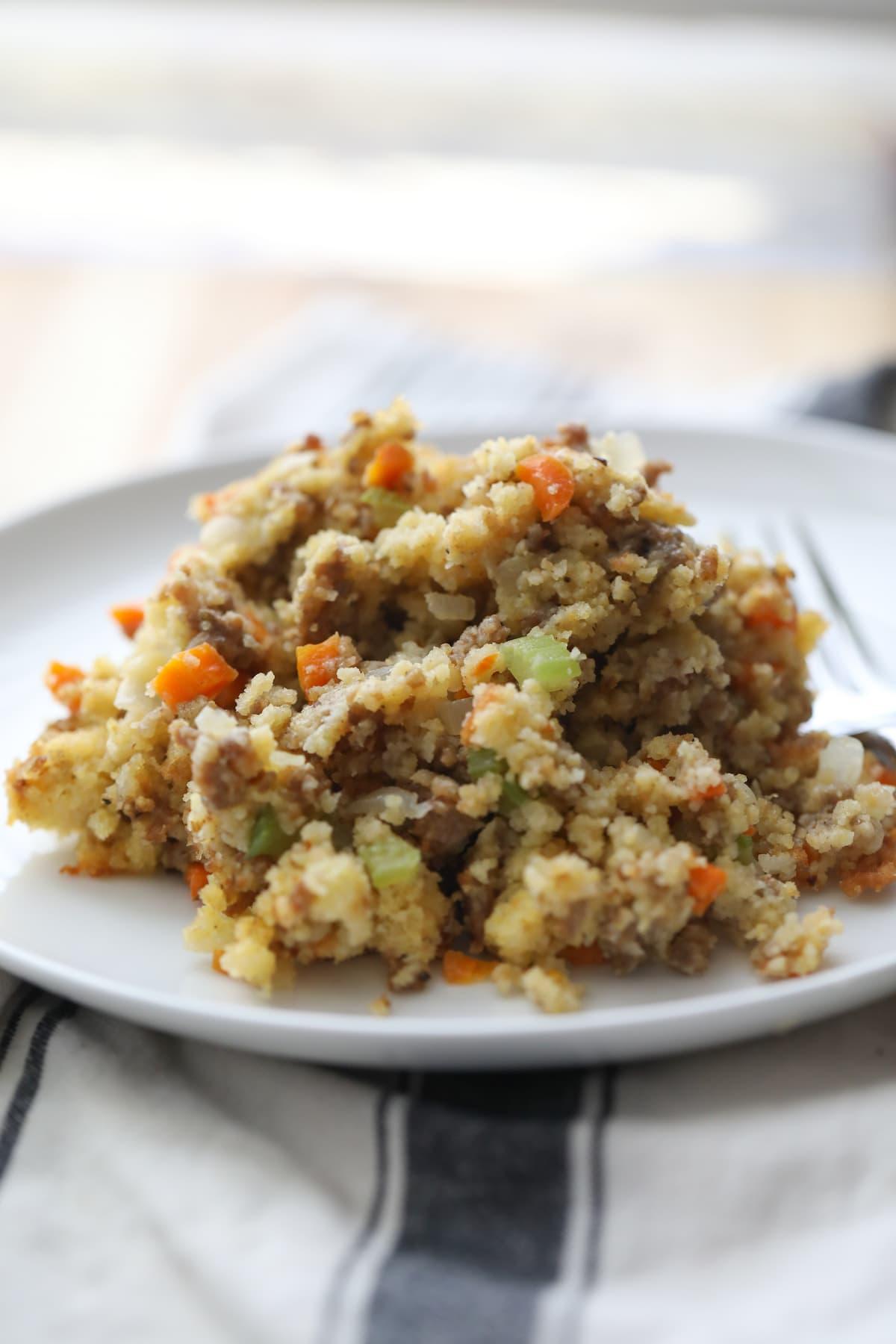 cornbread dressing on white plate