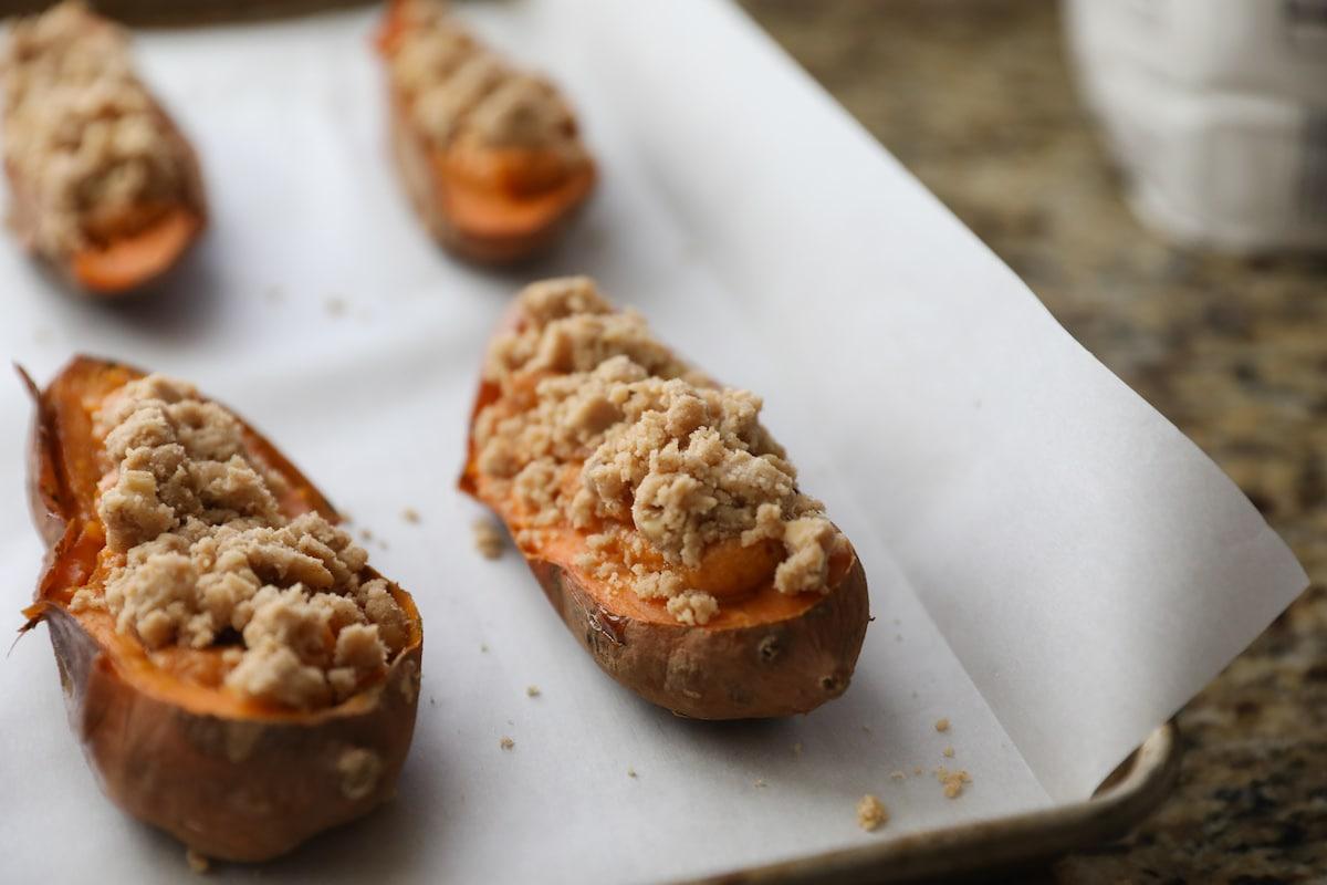 twice baked sweet potatoes on baking sheet