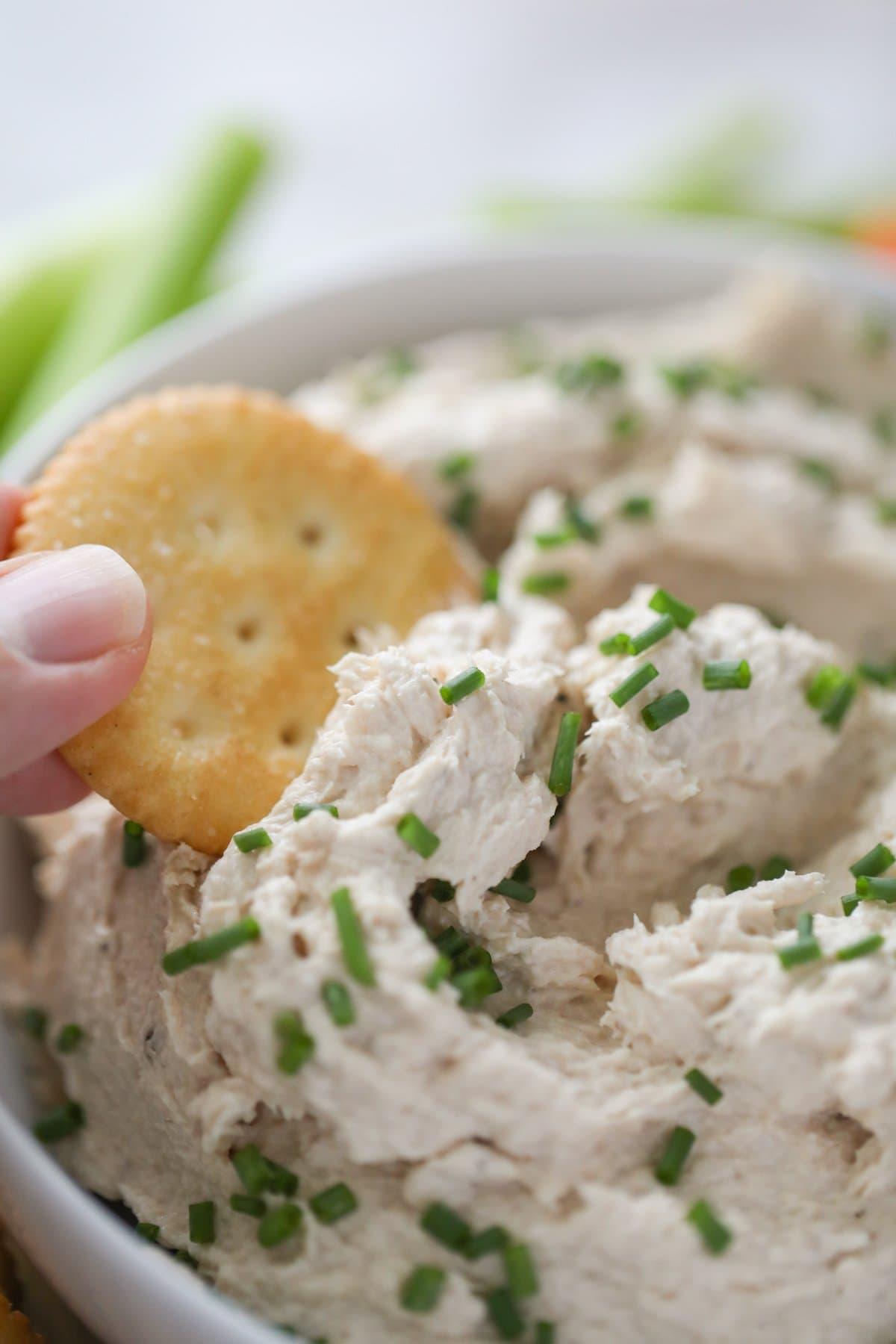 hand dipping cracker into salmon dip