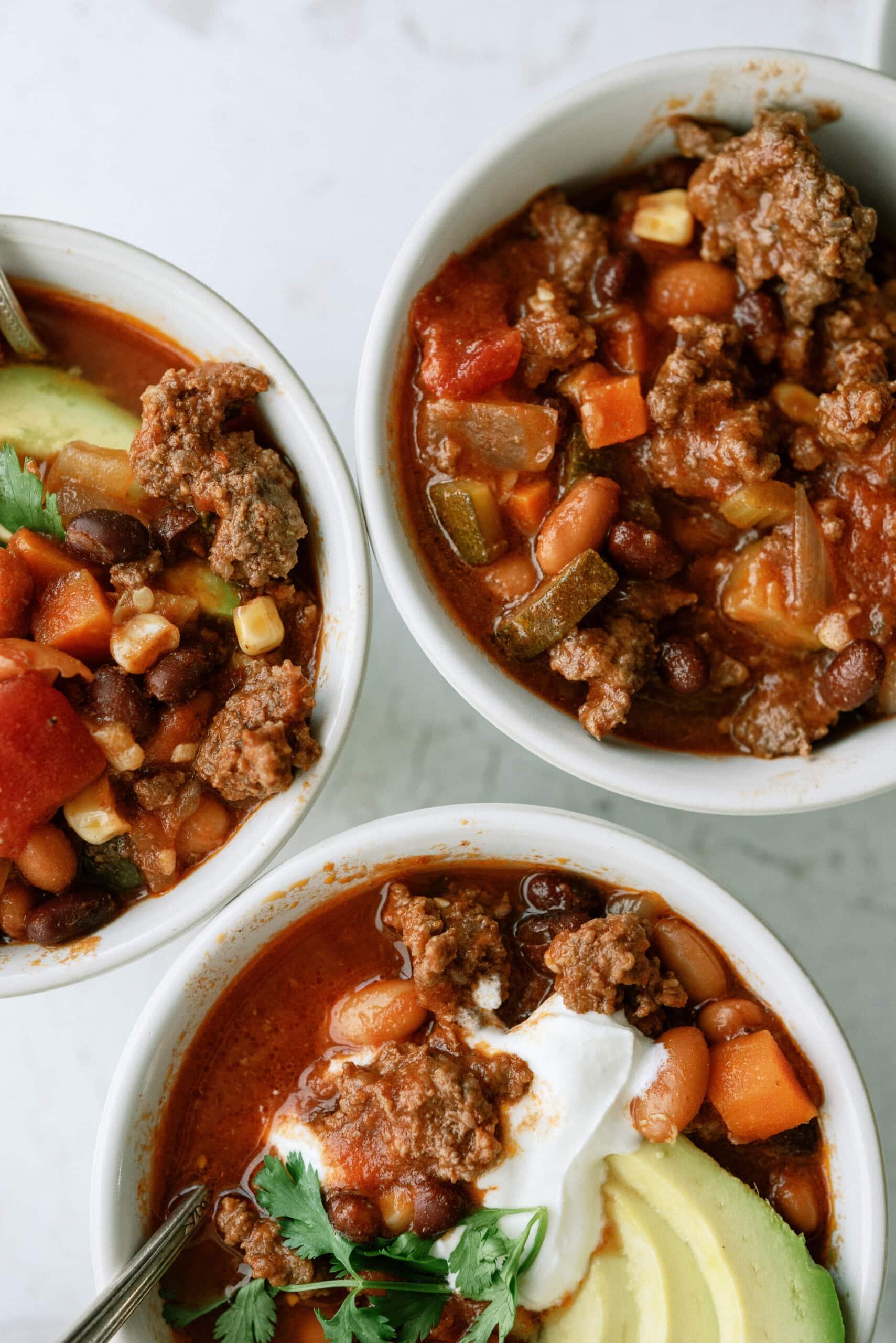 three bowls of chili