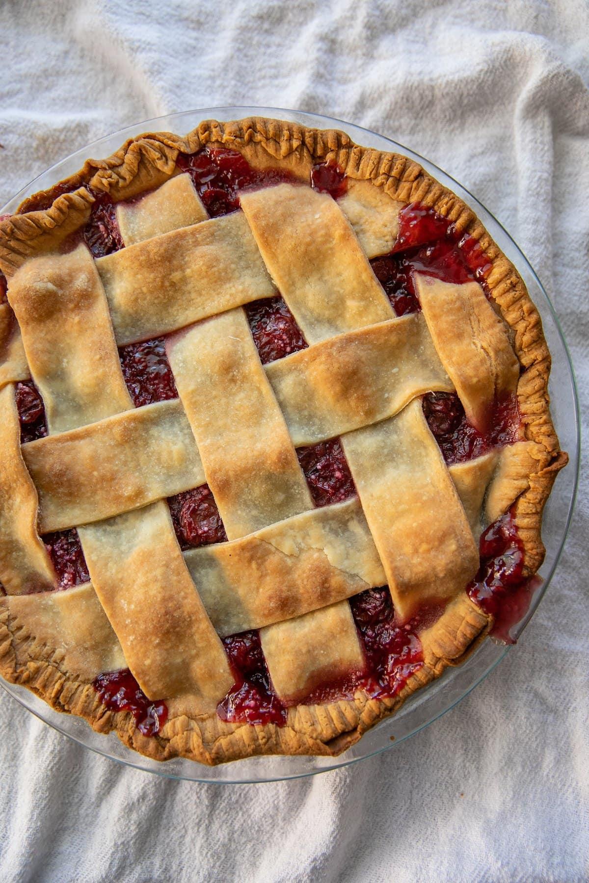 baked tart cherry pie with a lattice top