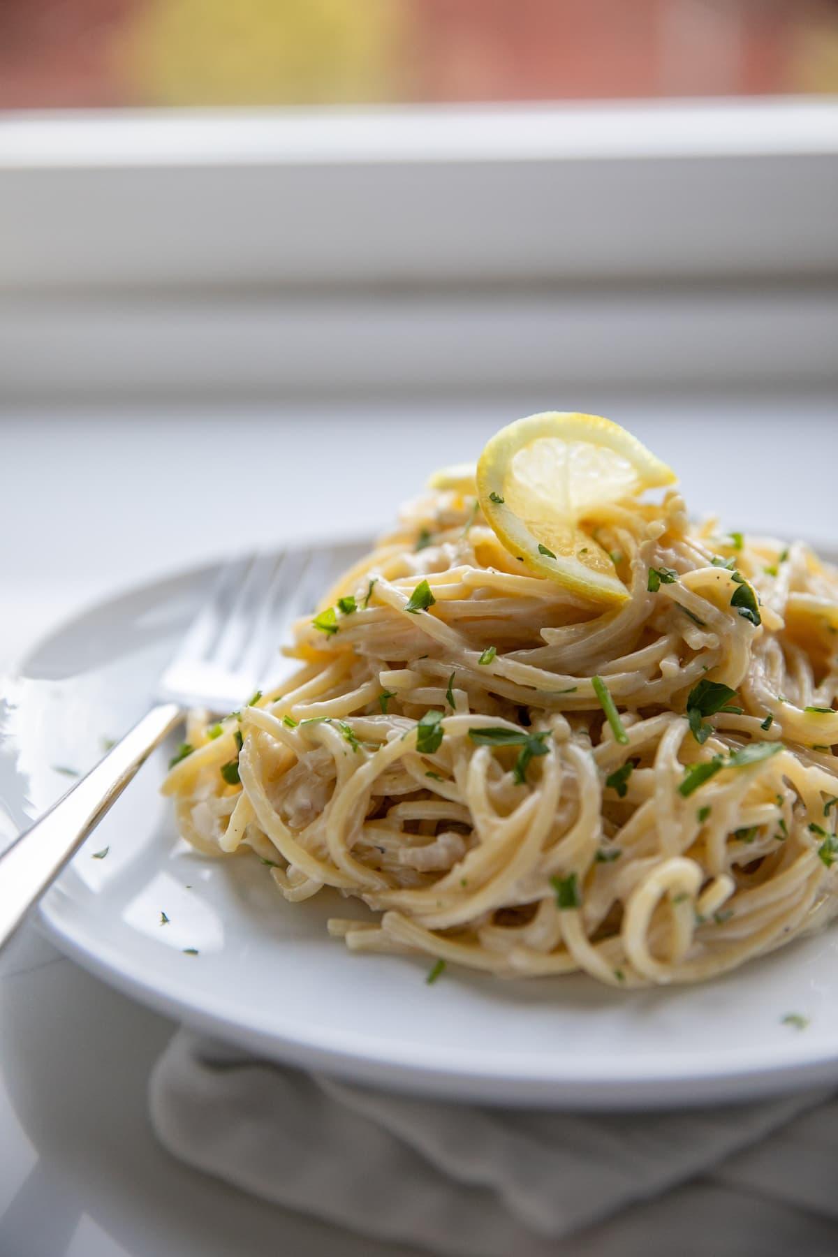 lemon chicken pasta on plate