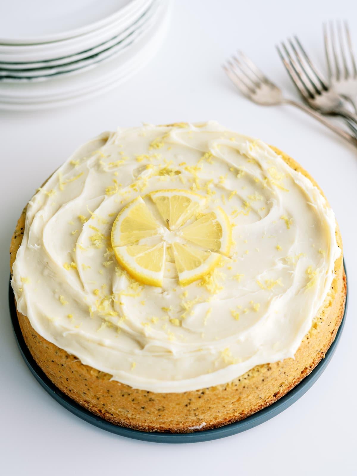 whole frosted lemon poppyseed cake