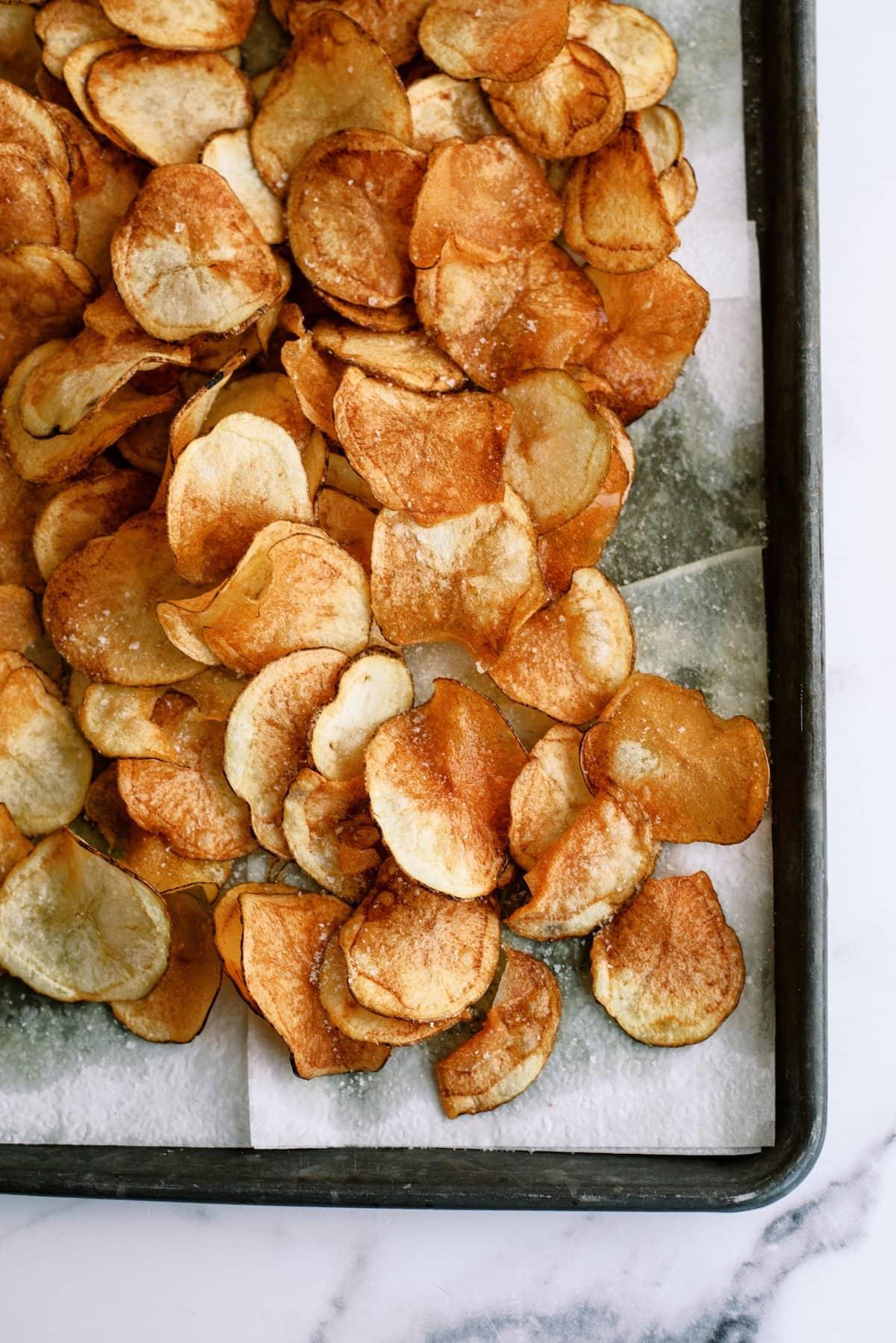 kettle chips on cookie sheet