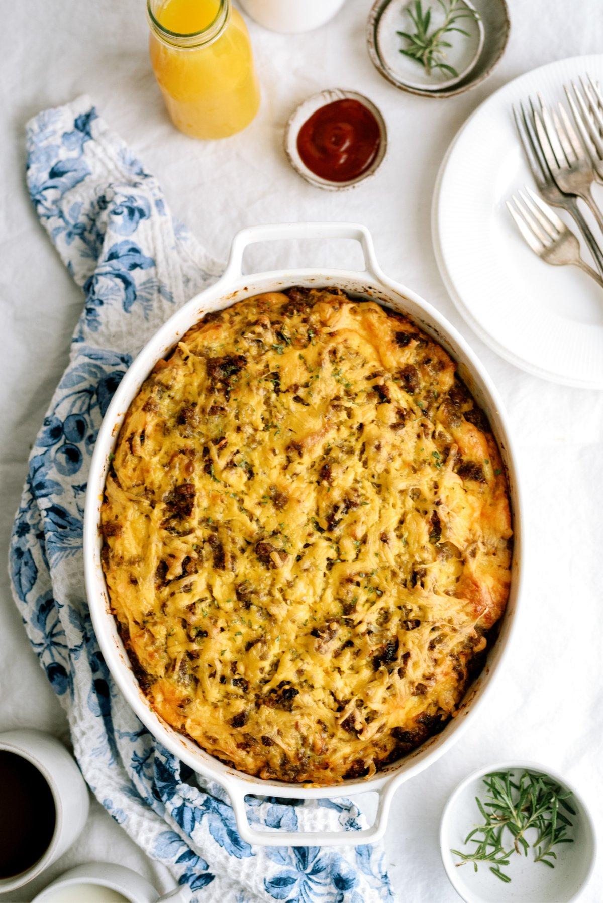 breakfast casserole in oval white dish