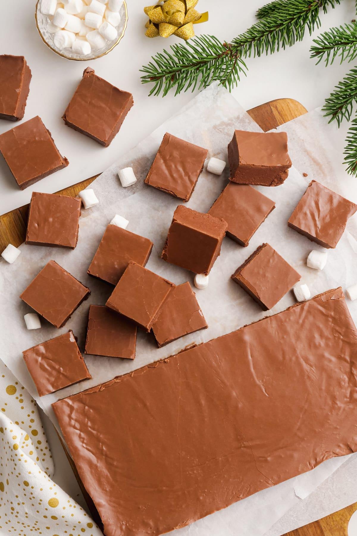 knife cutting fudge into cubes