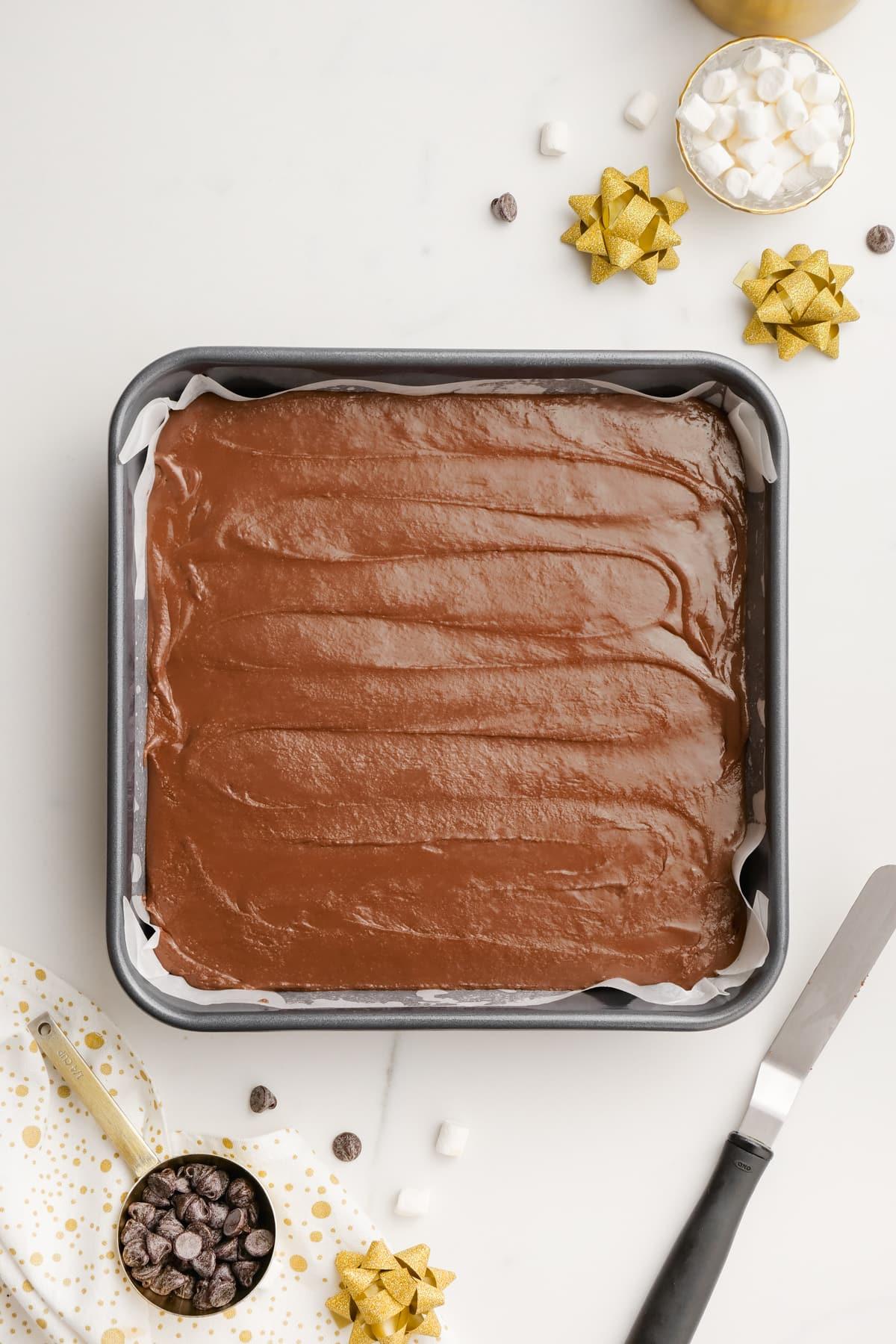 fudge uncut in a pan