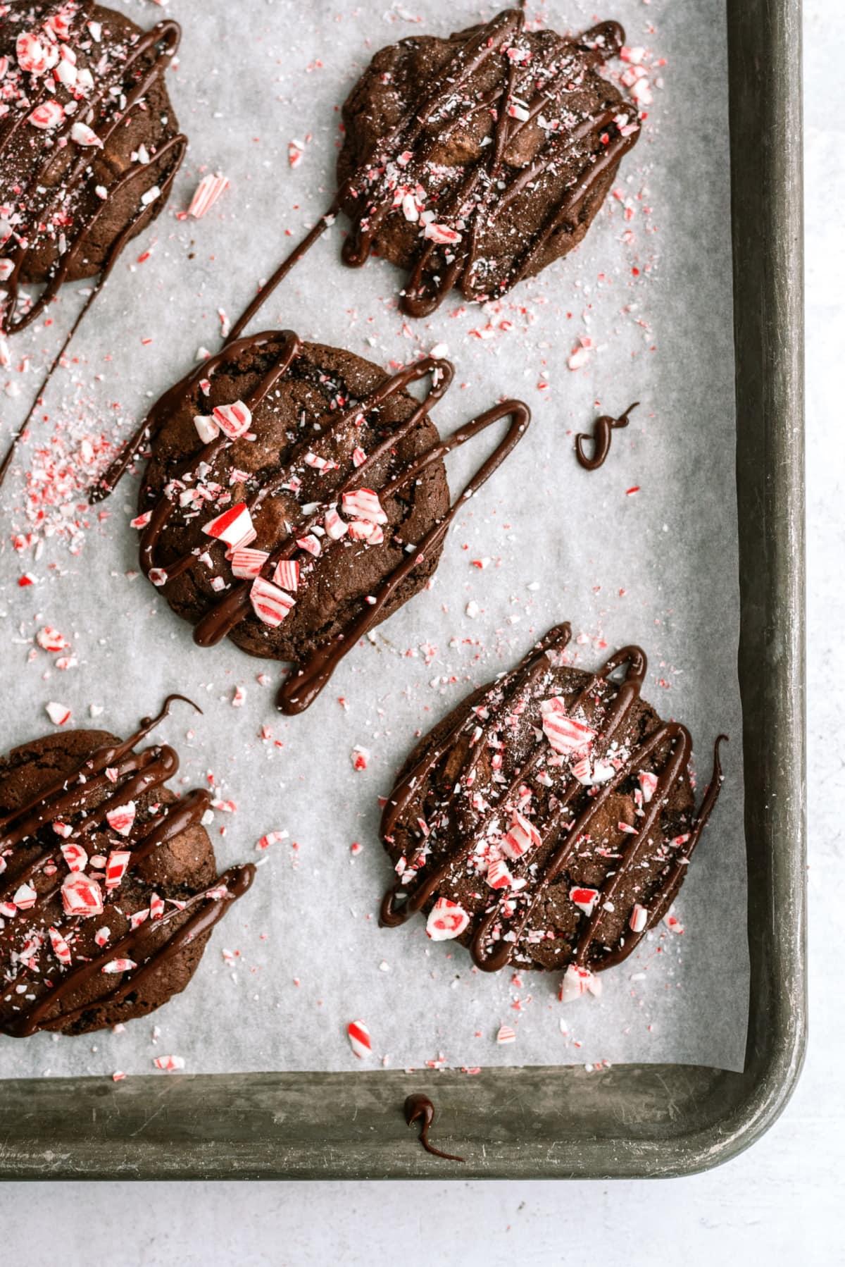 triple-chocolate-candy-cane-cookies on sheet tray