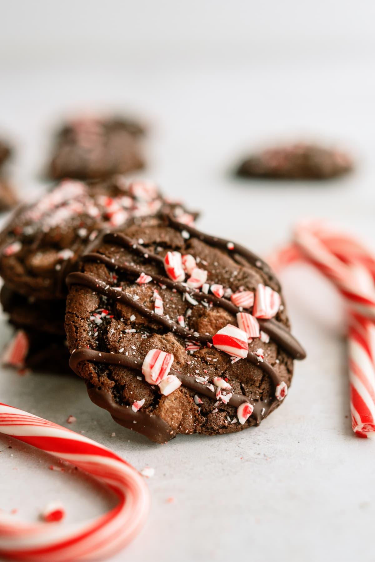 triple-chocolate-candy-cane-cookies with candy canes