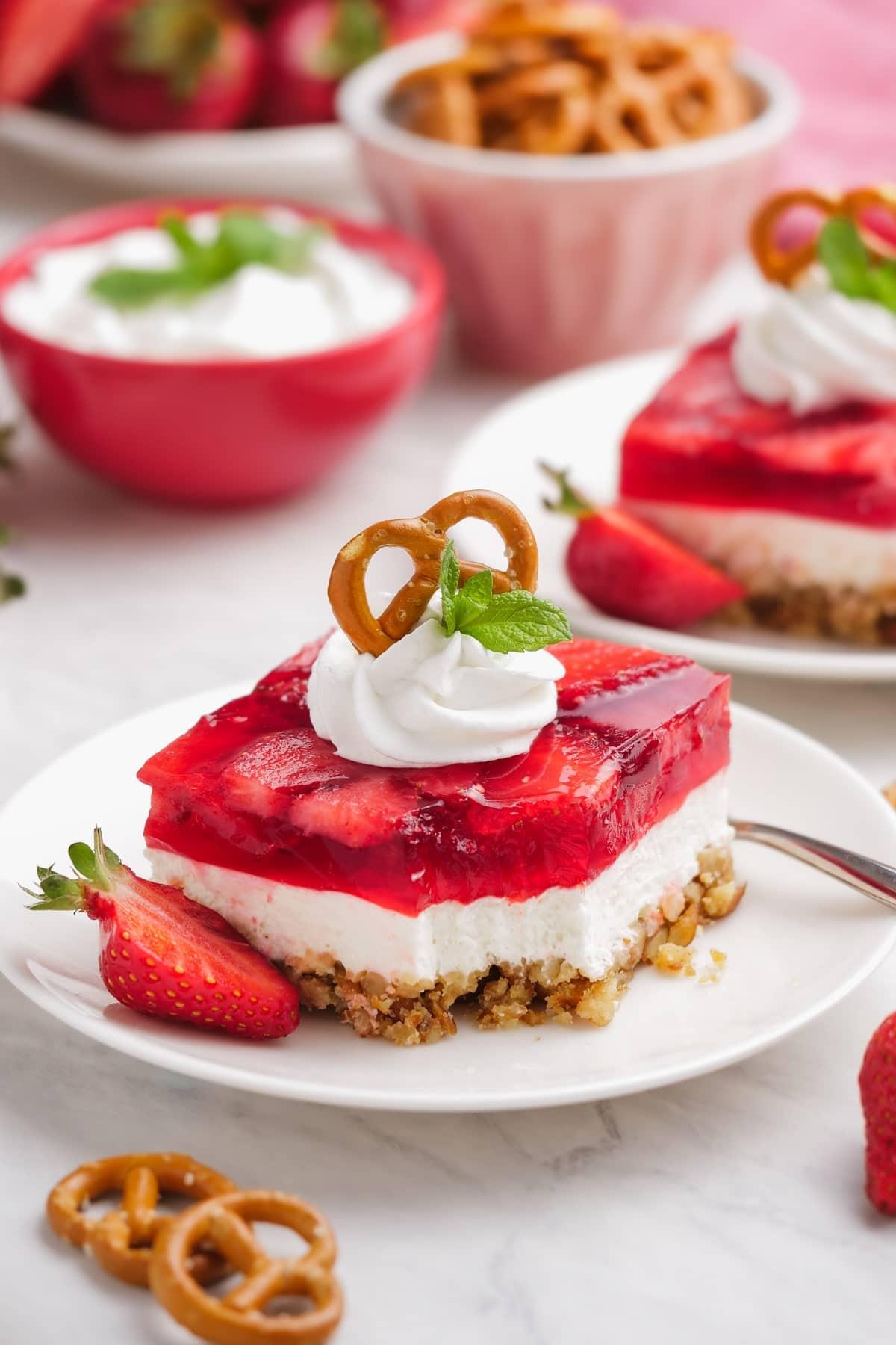 strawberry pretzel salad on tablescape