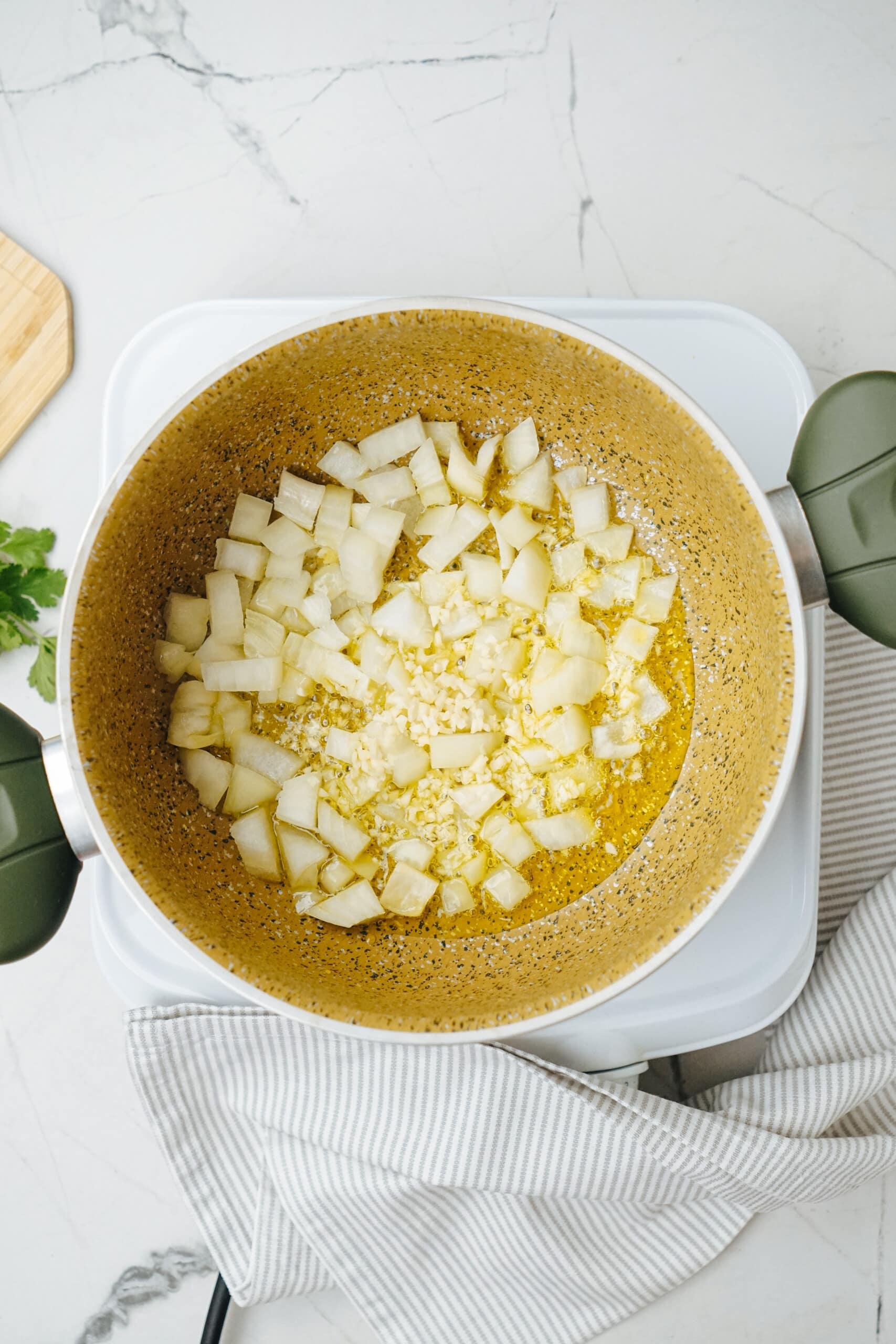 onions and garlic in pot