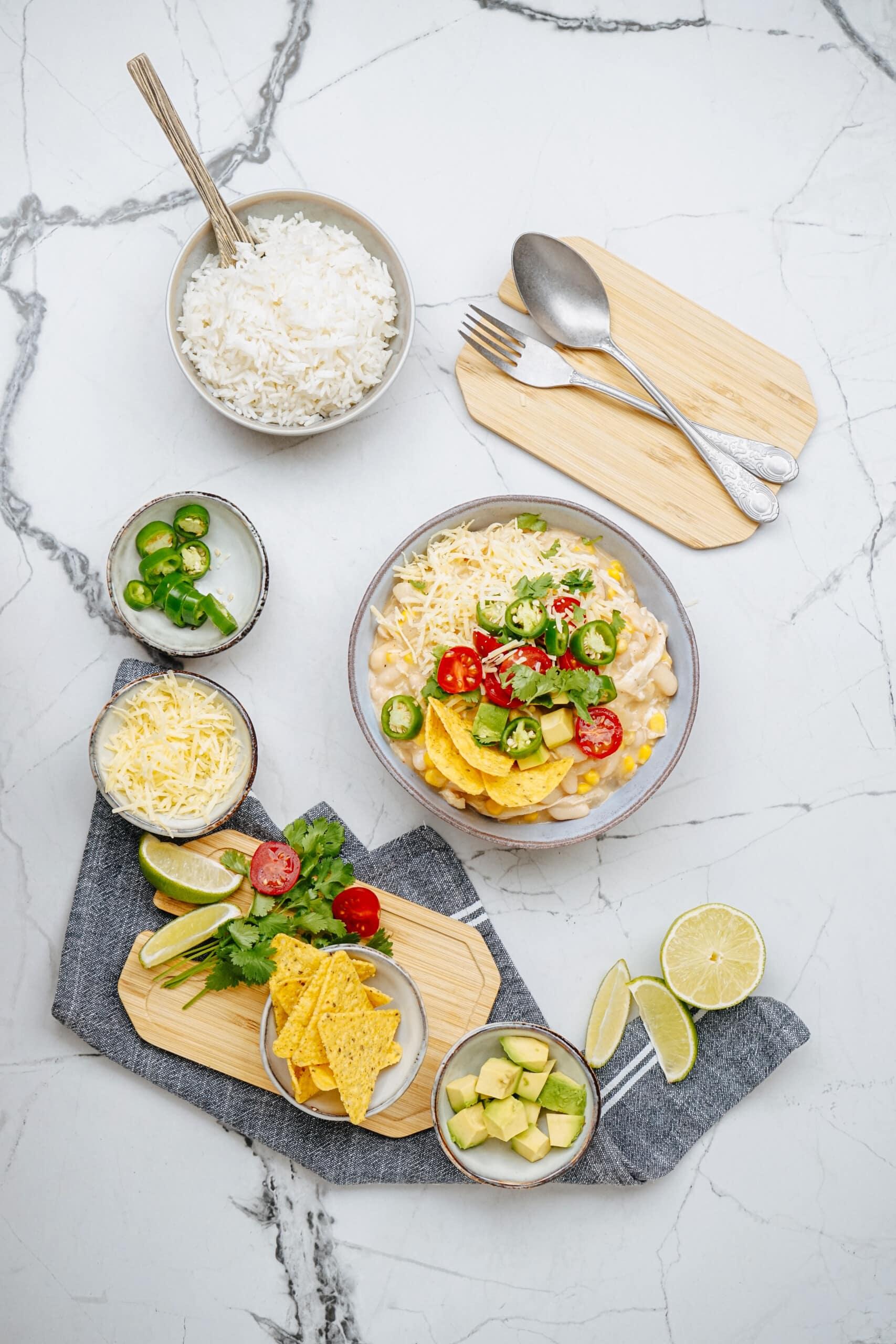 white chicken chili on tablescape