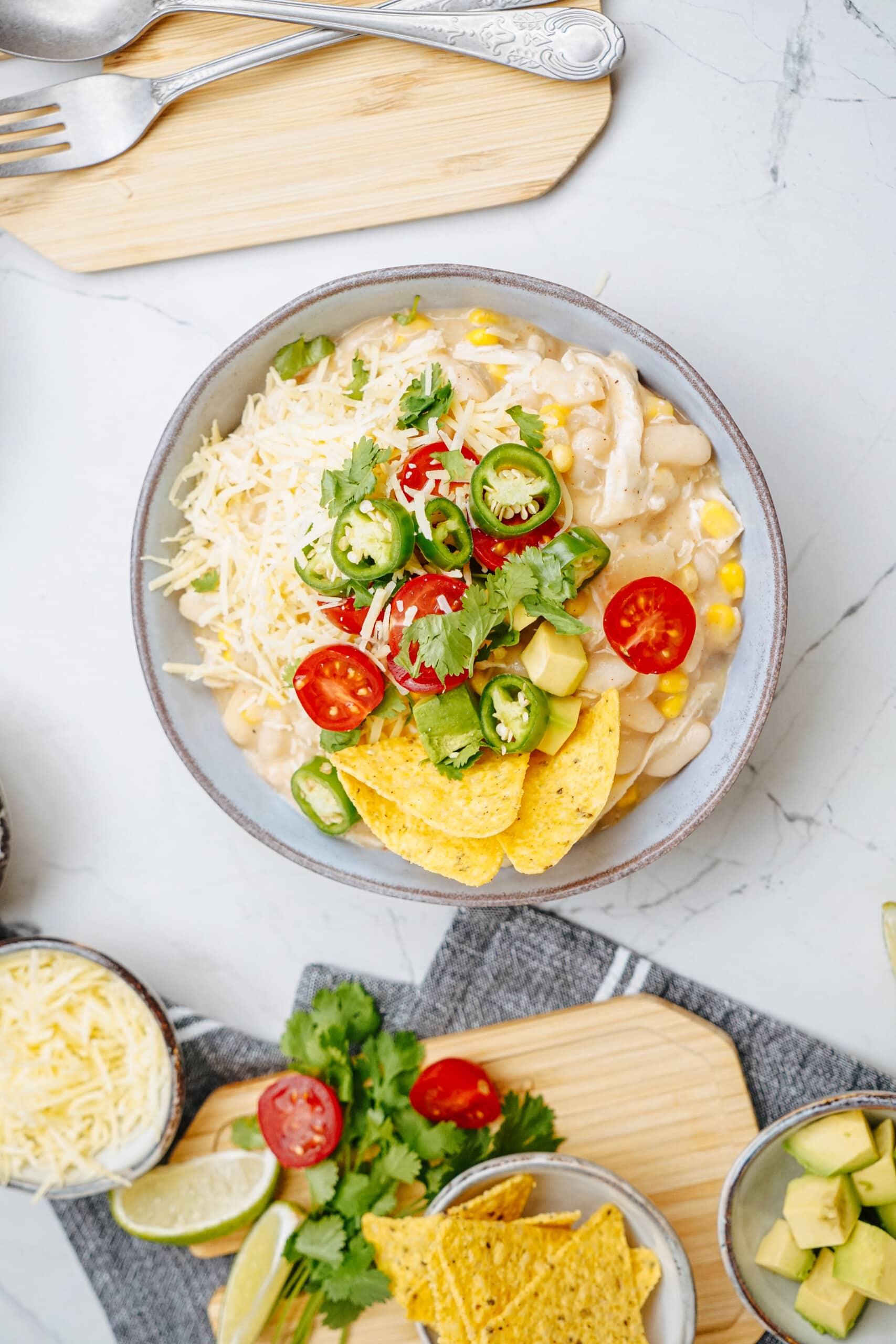 white chicken chili on tablescape