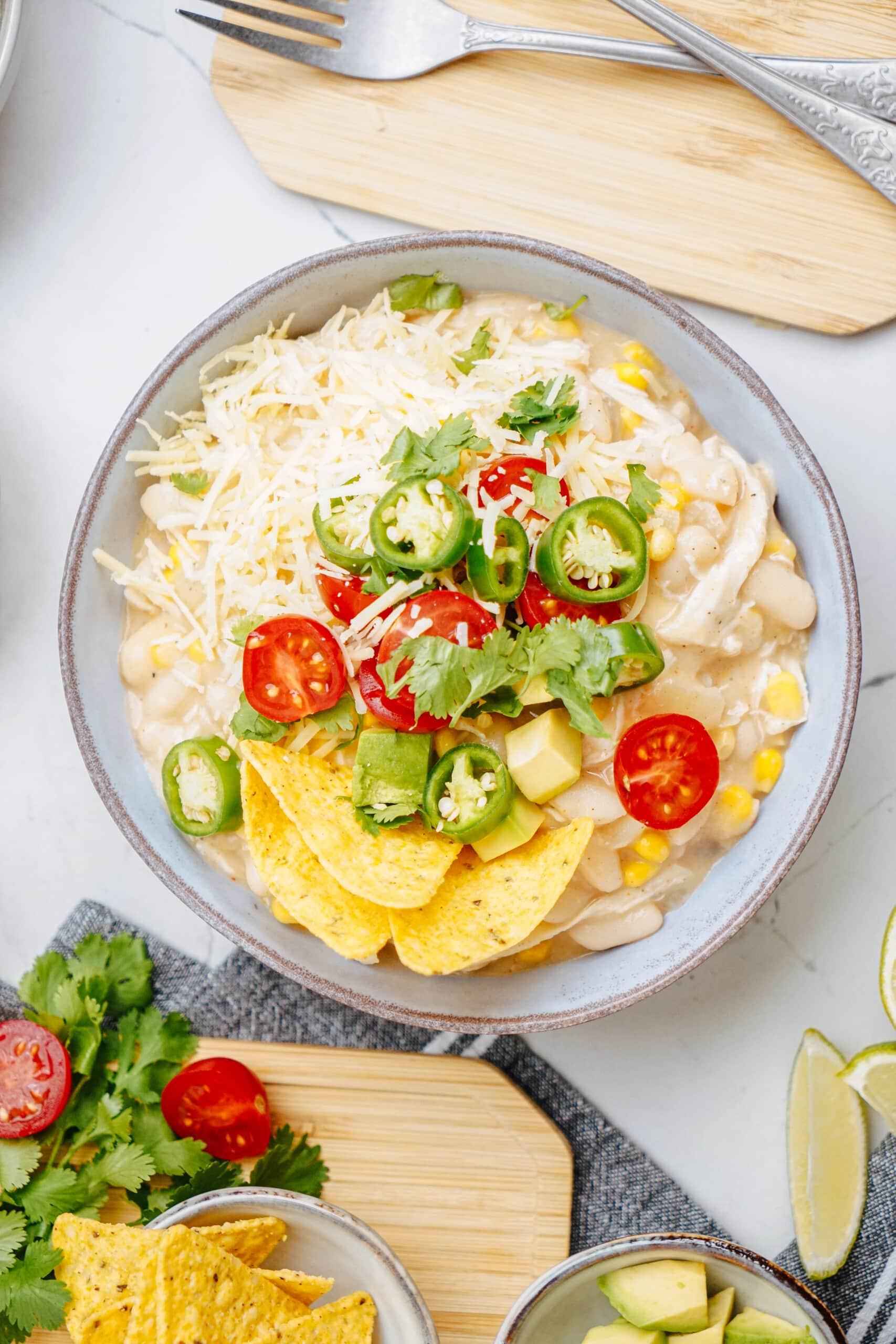 white chicken chili on tablescape