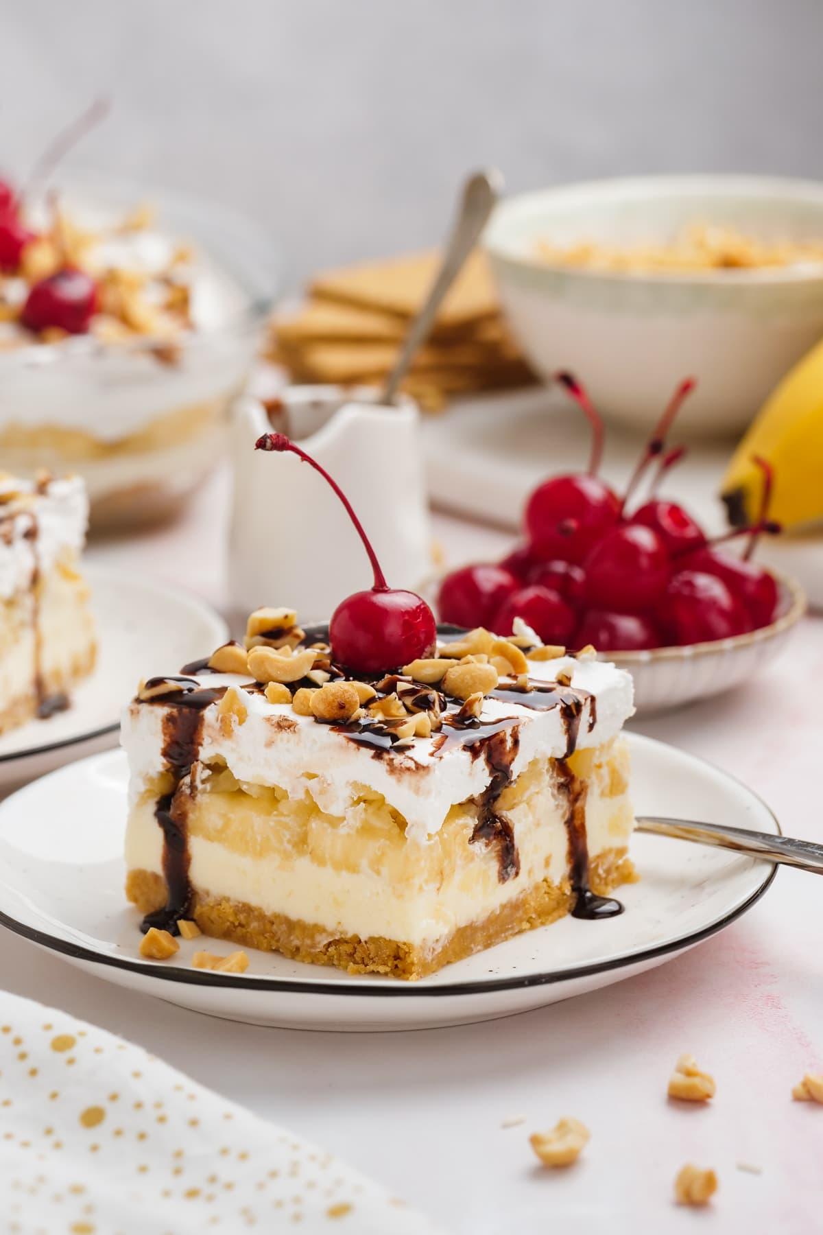 banana split cake slice on a plate