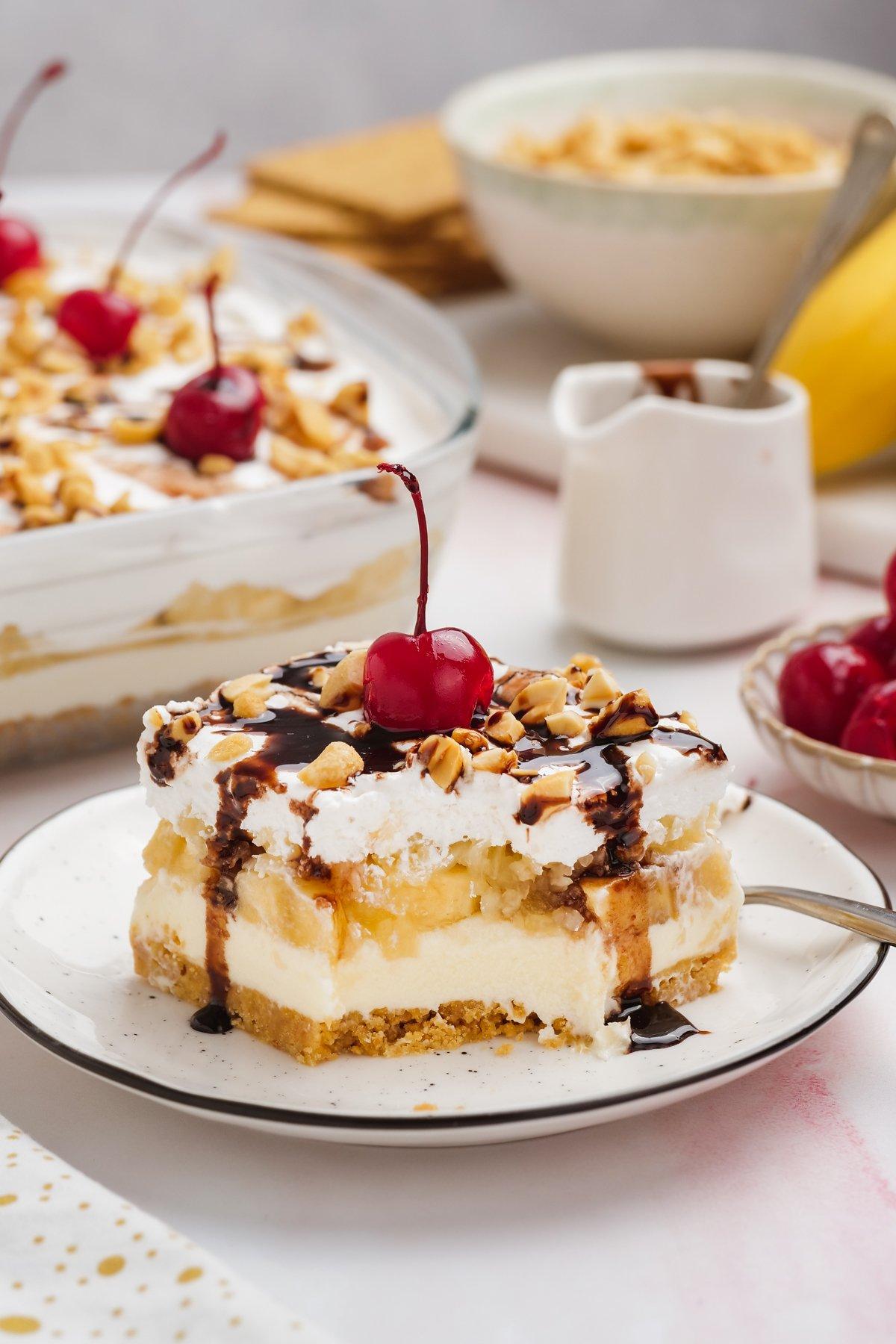 slice of banana split cake on a plate