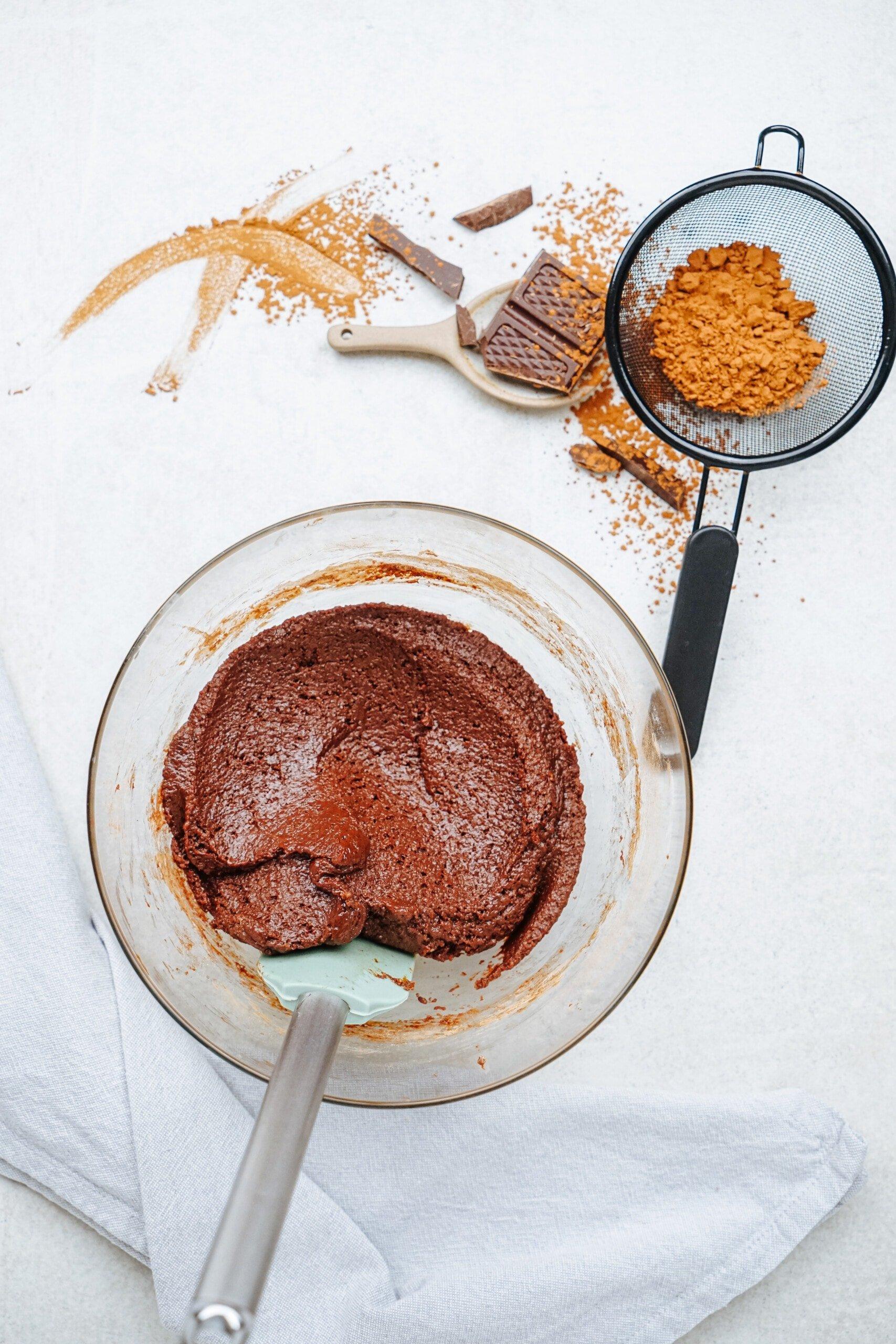 brownie batter in a glass bowl