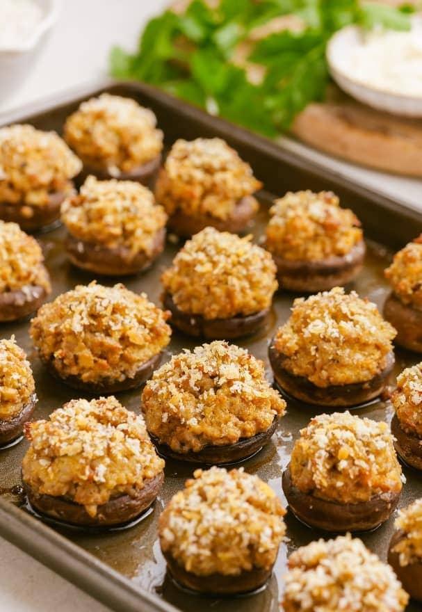 sausage stuffed mushrooms 14 min min cooked sausage-stuffed-mushrooms on baking sheet