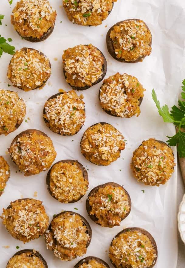 sausage stuffed mushrooms 15 min min cooked sausage-stuffed-mushrooms on parchment paper