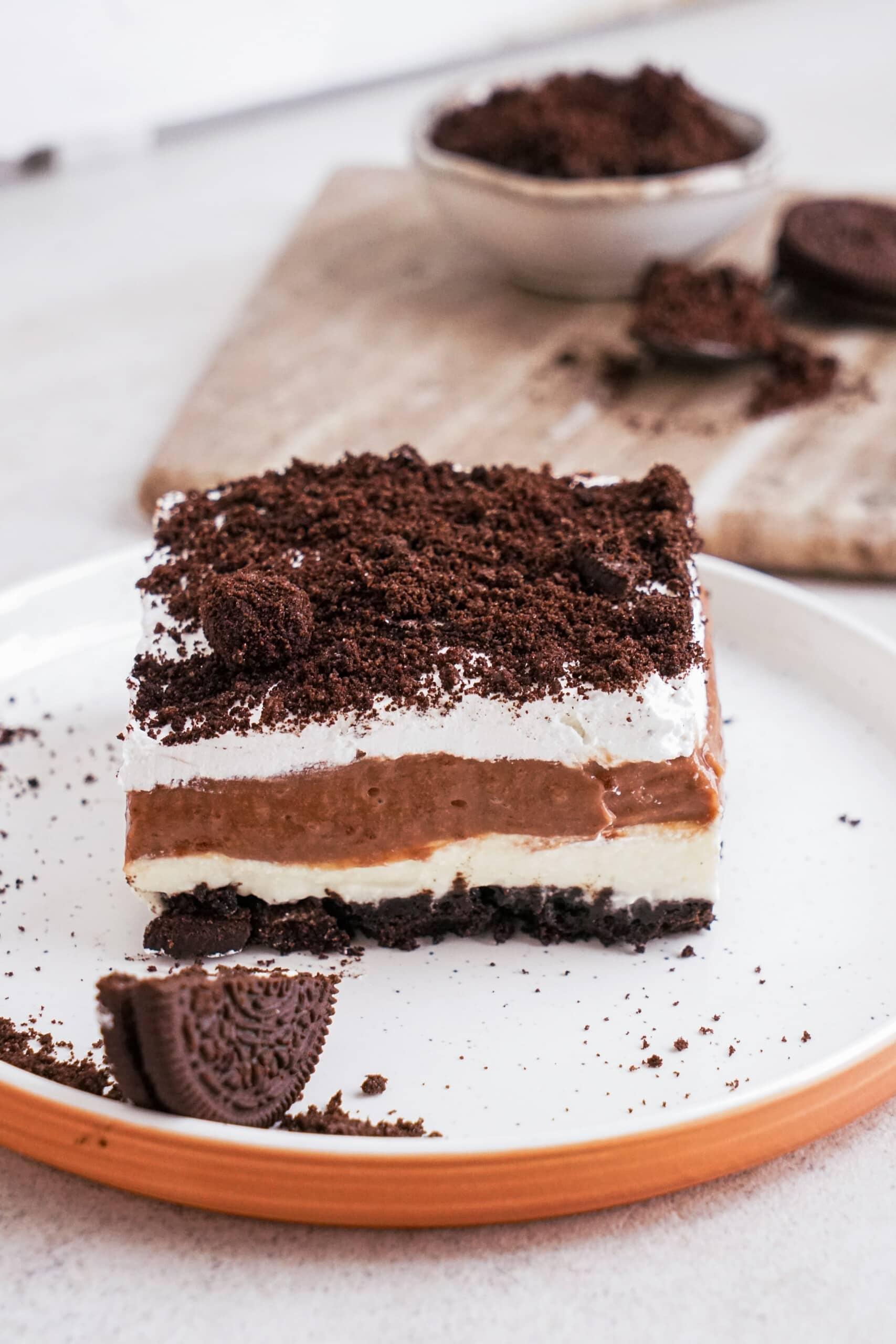 slice of chocolate lasagna on a plate