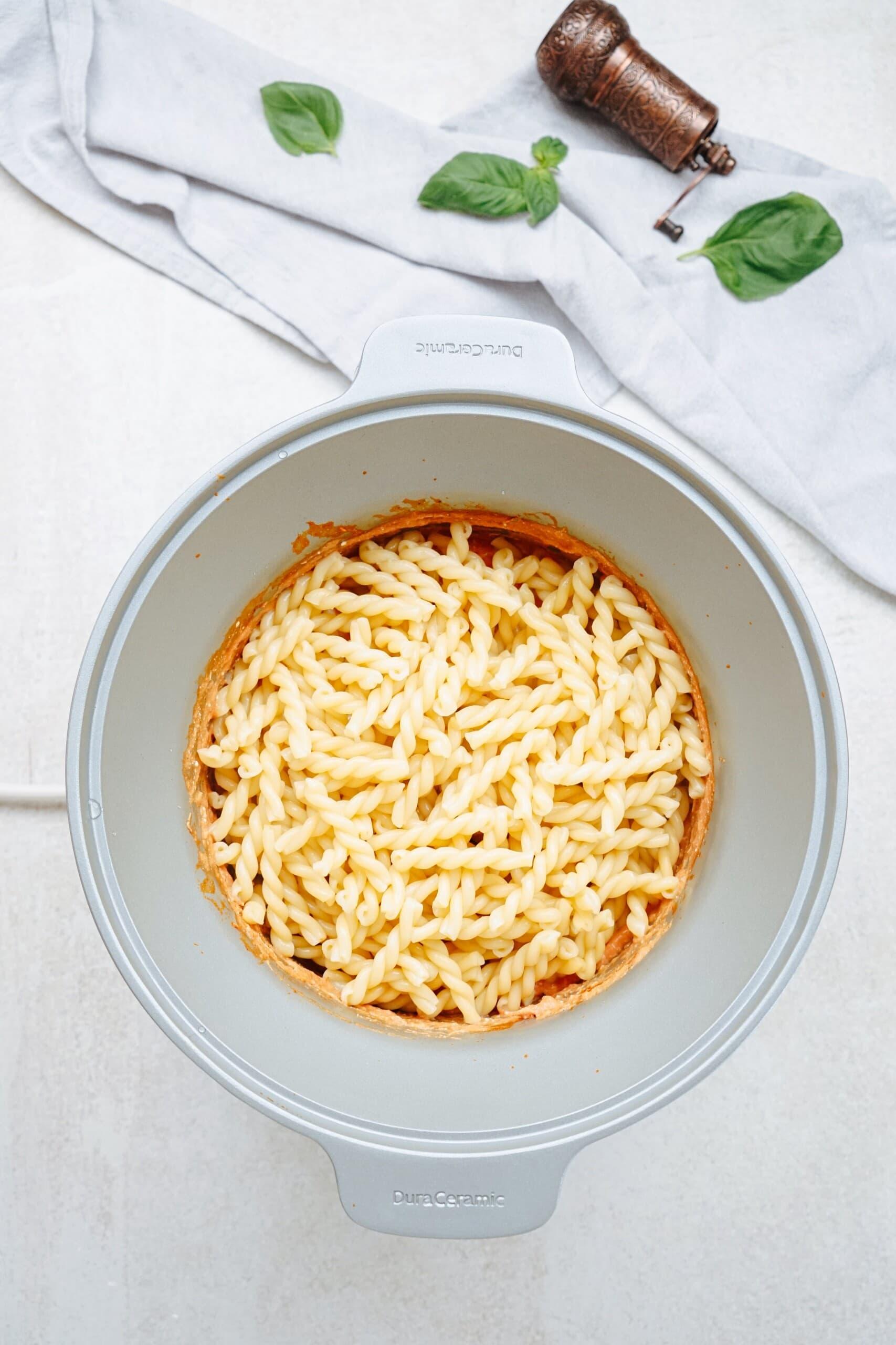 cooked pasta in crockpot