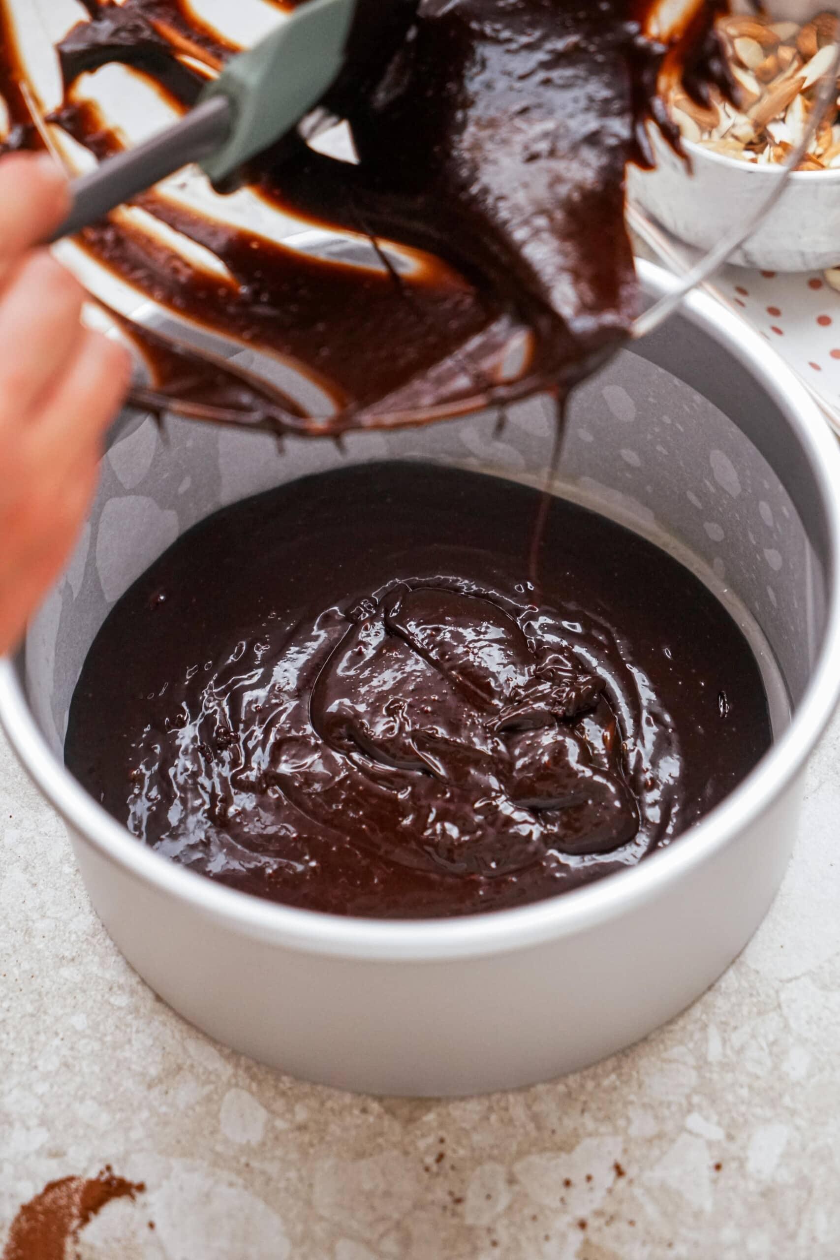 cake batter poured into baking pan