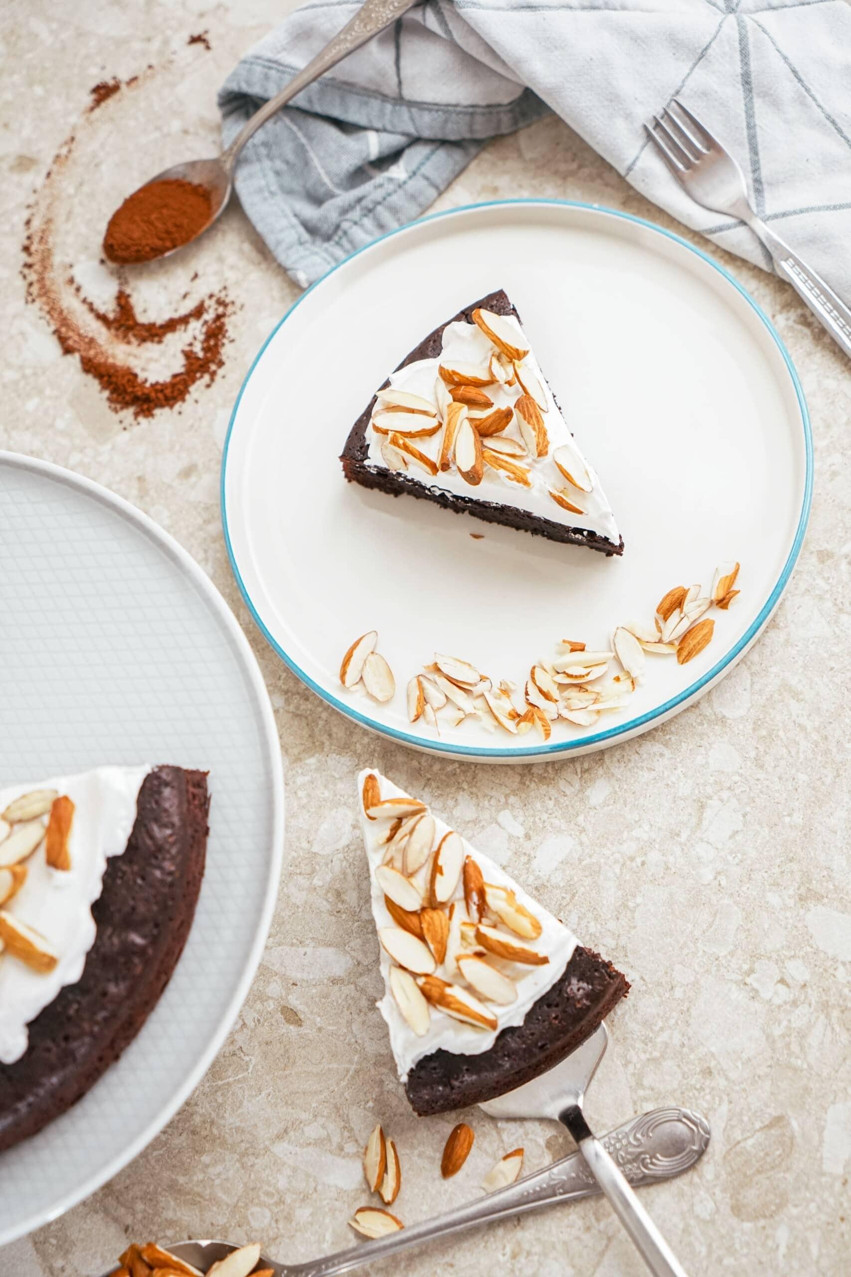 flourless chocolate cake on a tablescape