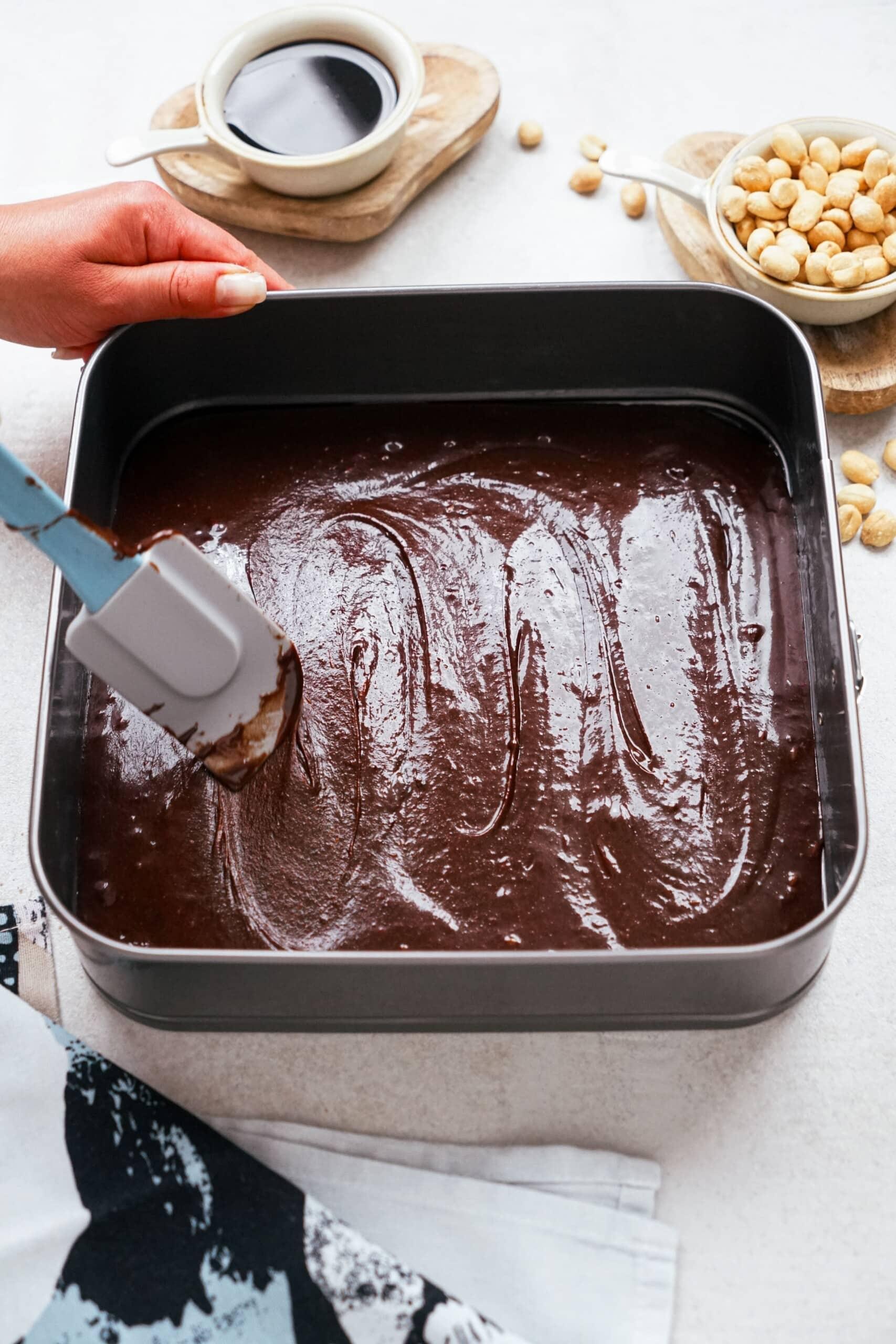 brownie batter in a baking dish