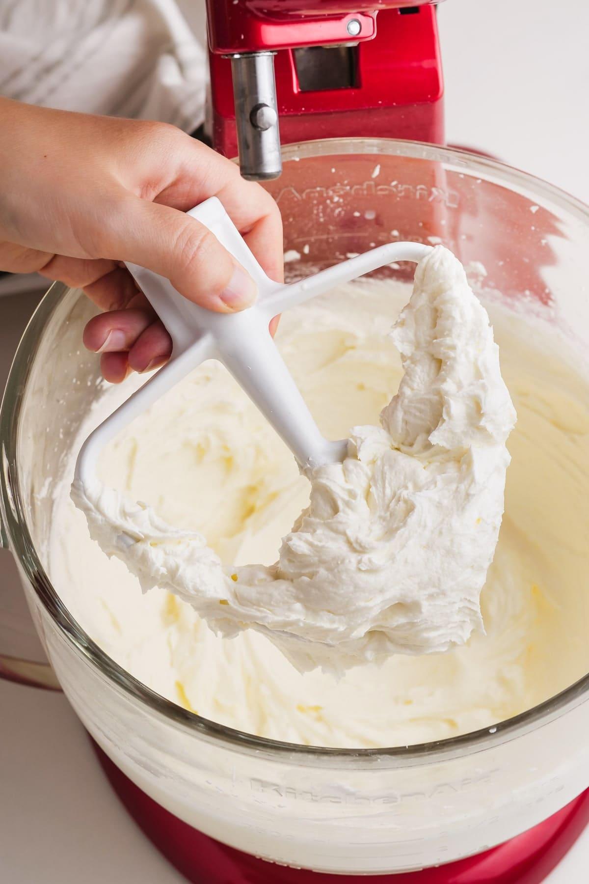 stand mixer paddle attachment with vanilla buttercream frosting