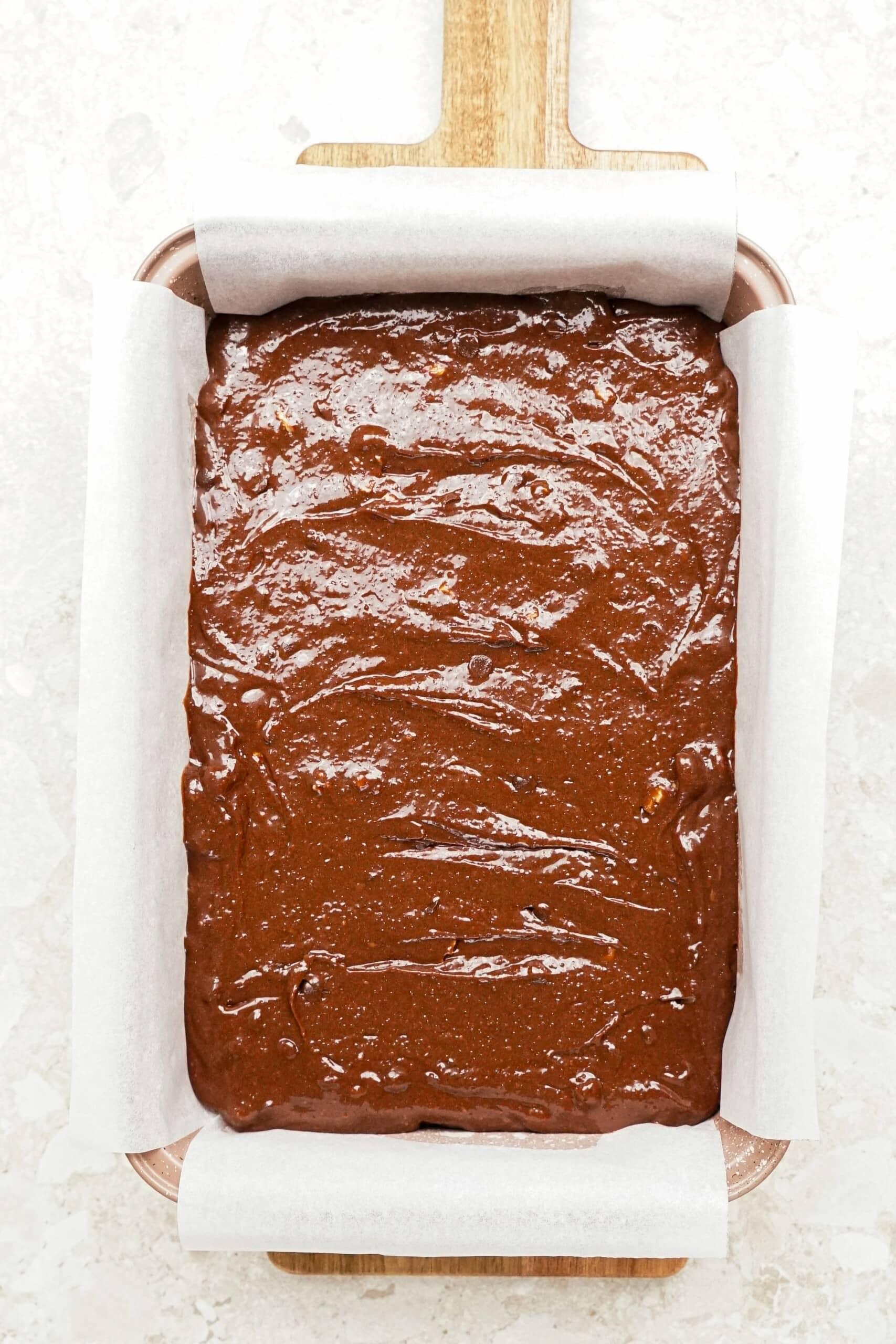 brownie batter in prepared pan 