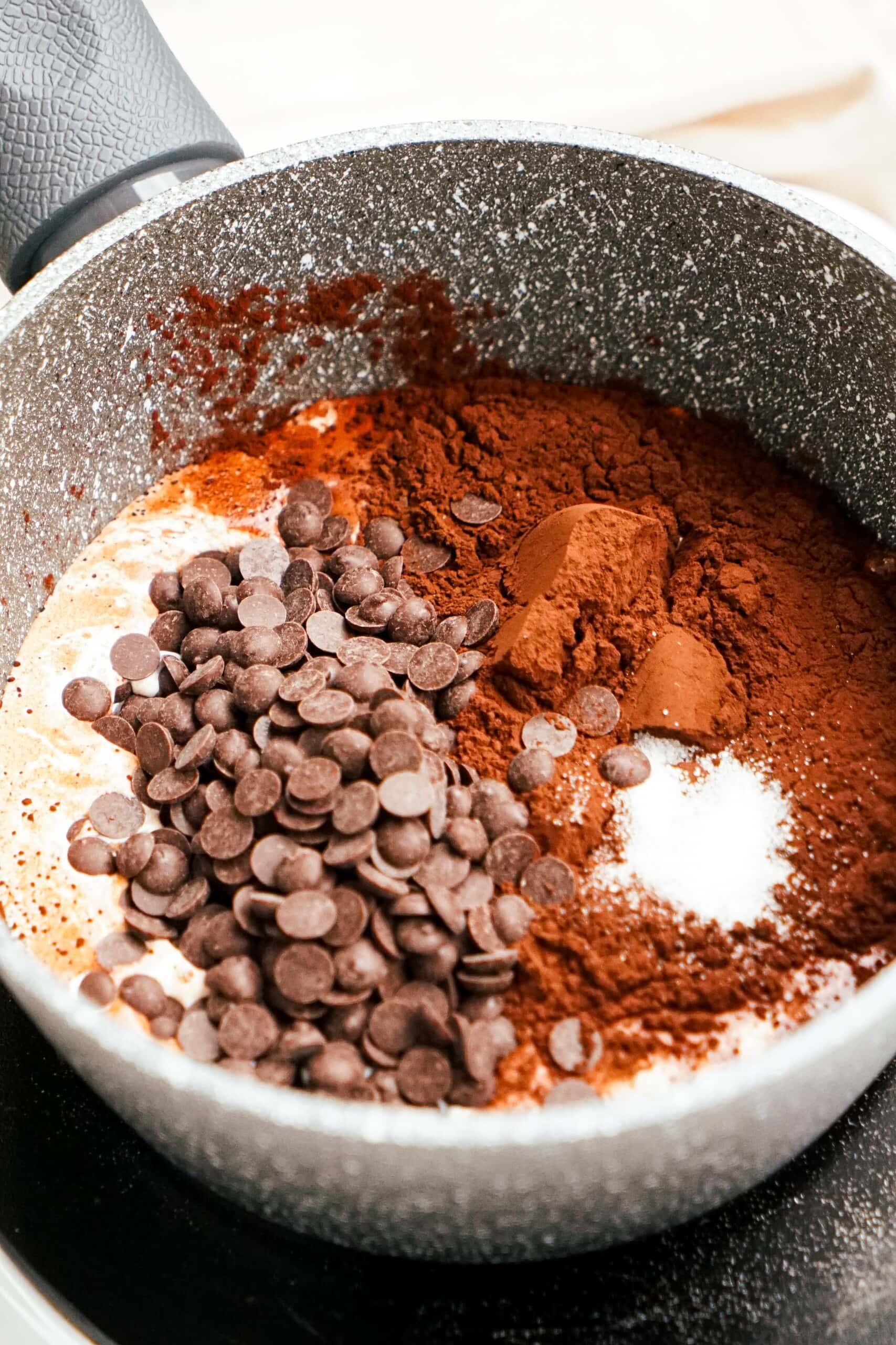 hot fudge ingredients in a saucepan