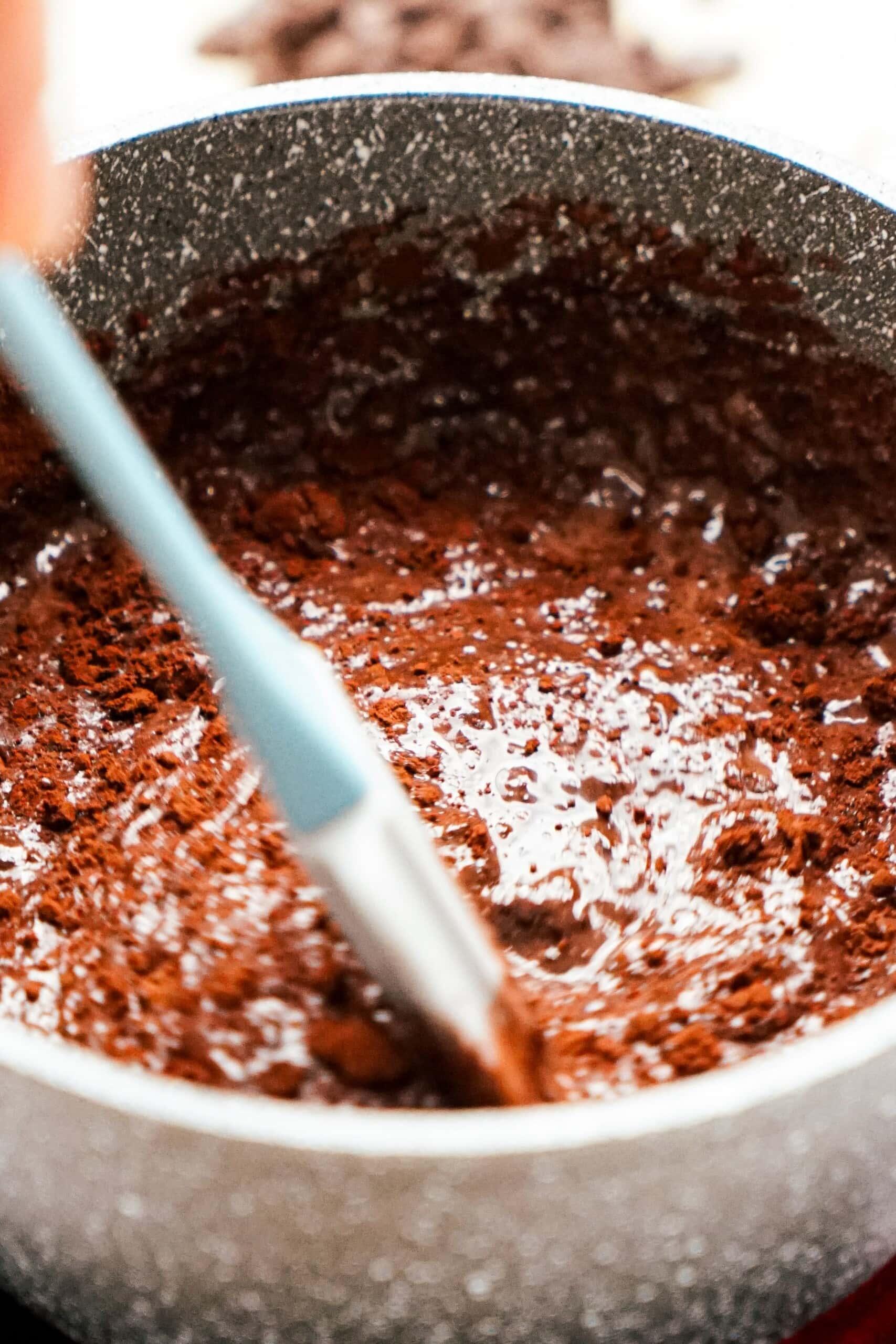 hot fudge ingredients stirred with a rubber spatula