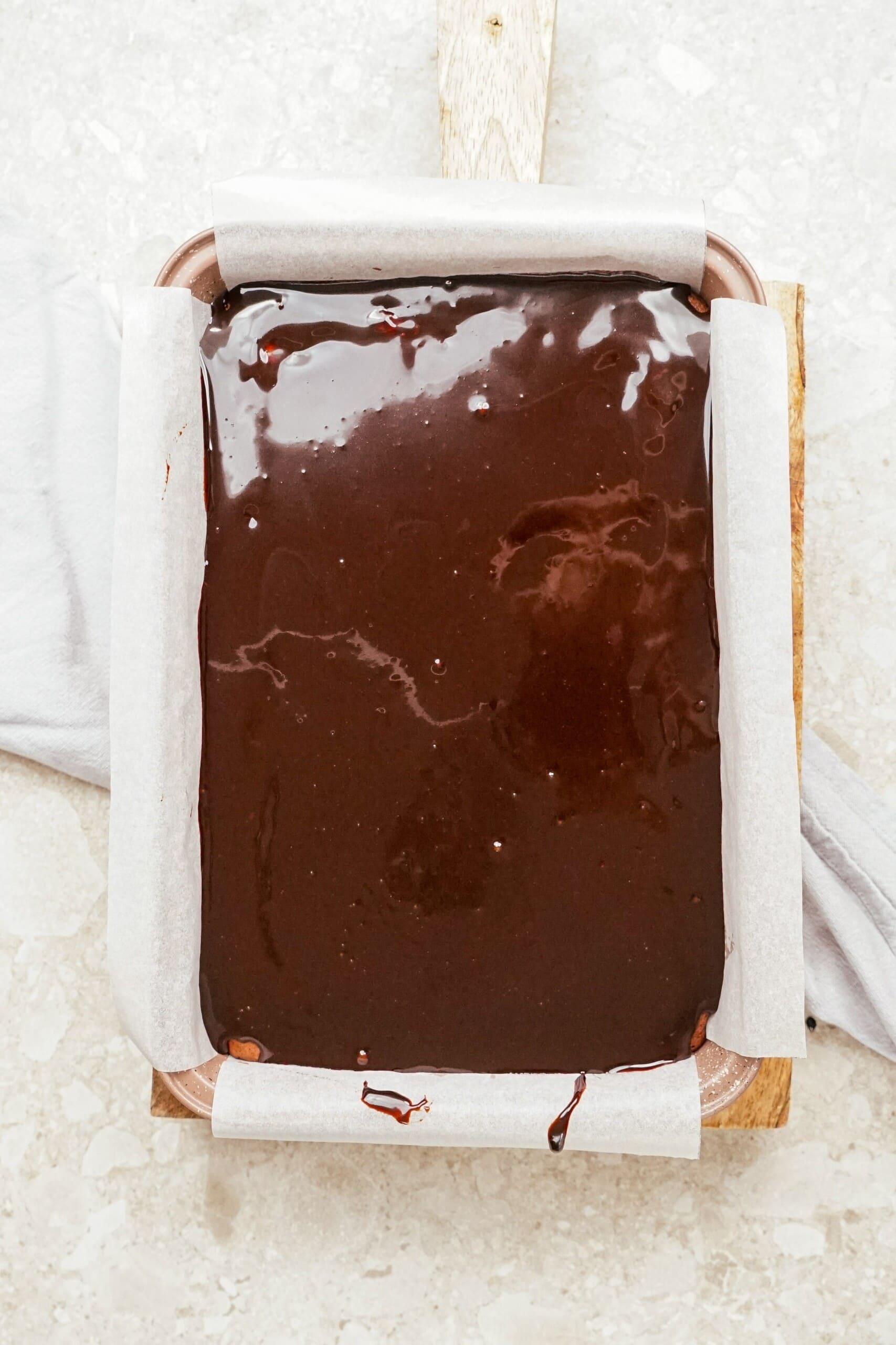 hot fudge brownies in the pan