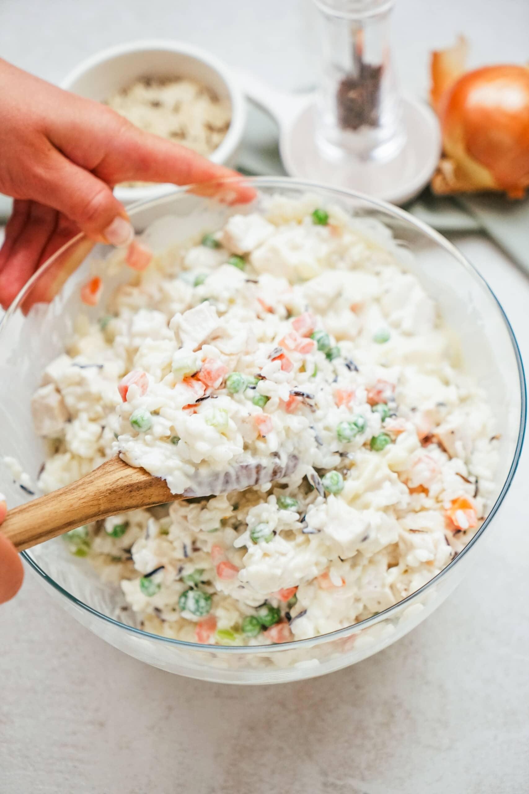 combined ingredients for chicken wild rice casserole