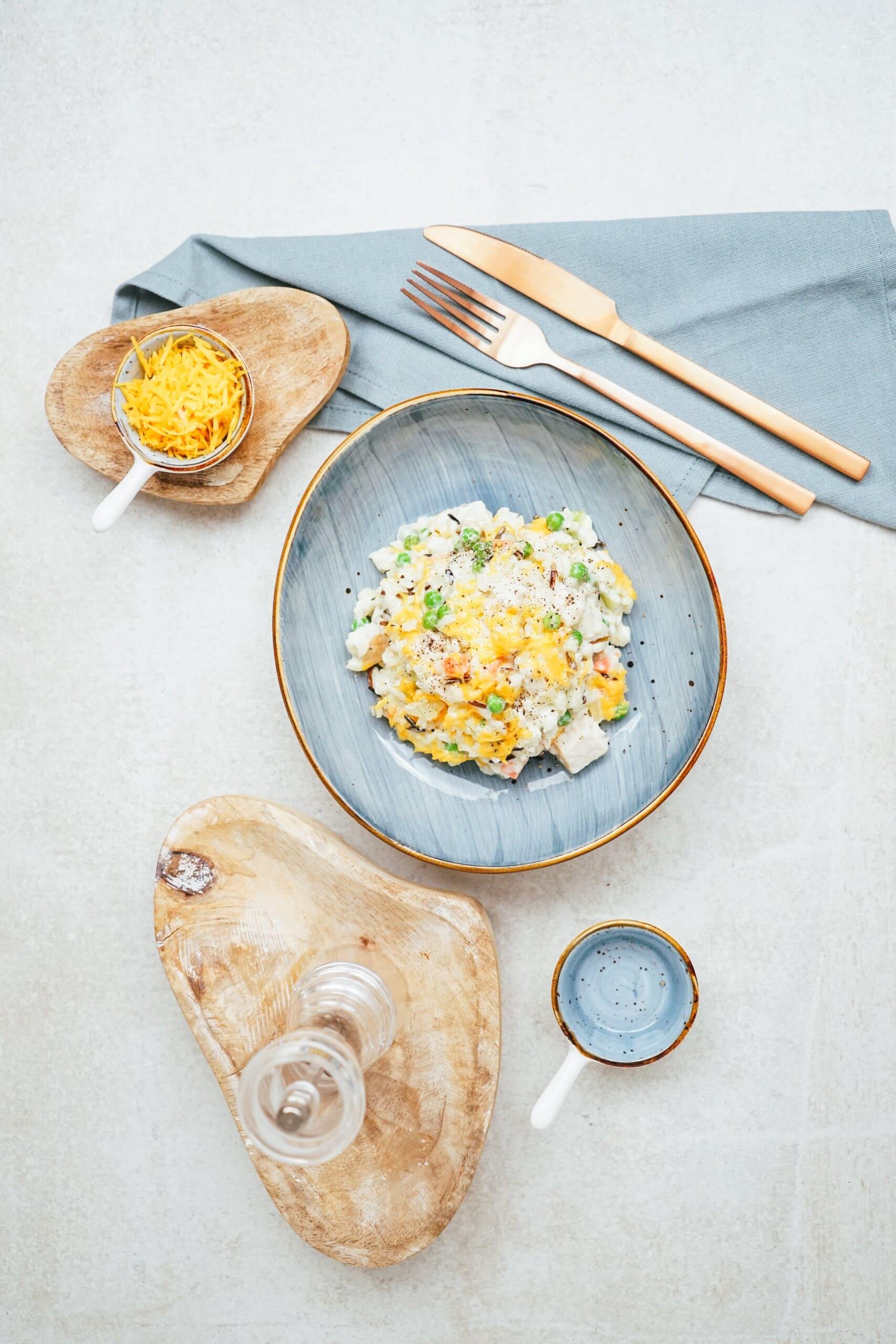 chicken wild rice casserole on a plate and tablescape