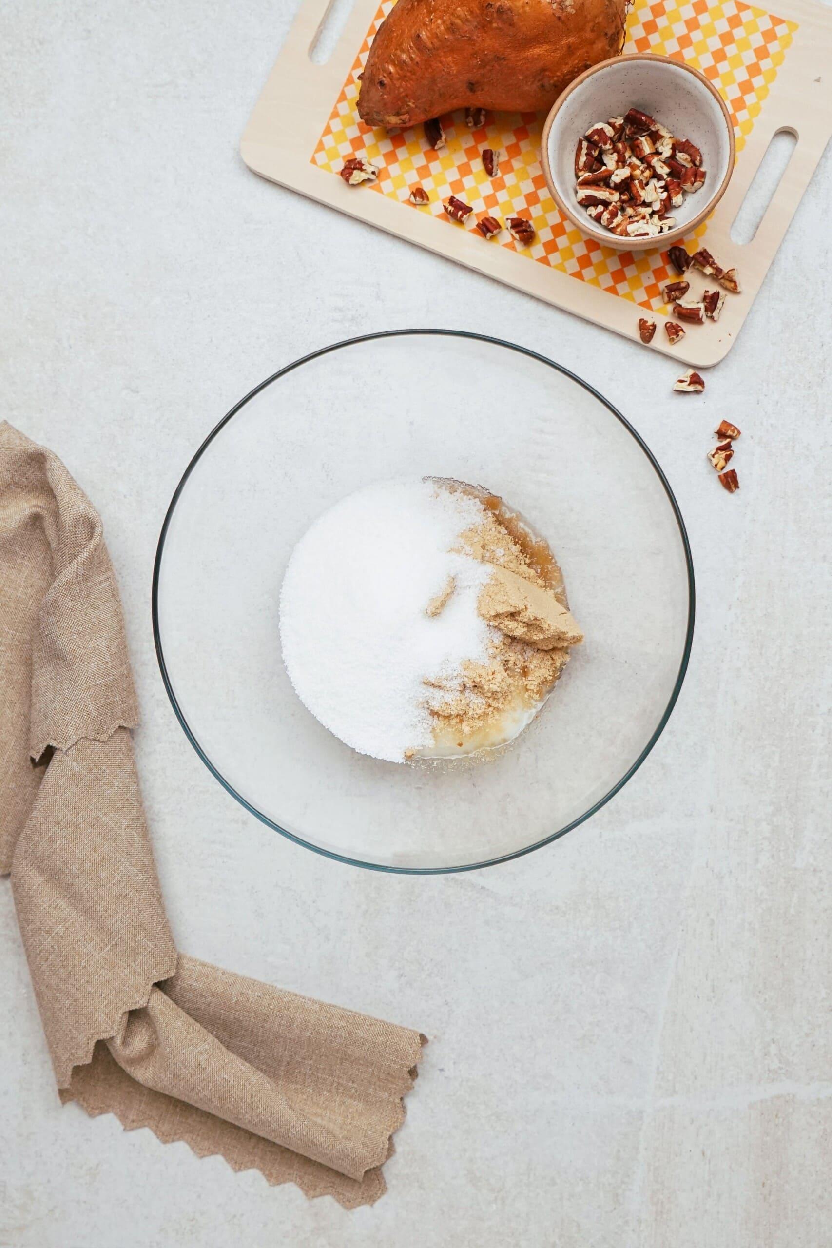 granulated and brown sugar in a mixing bowl