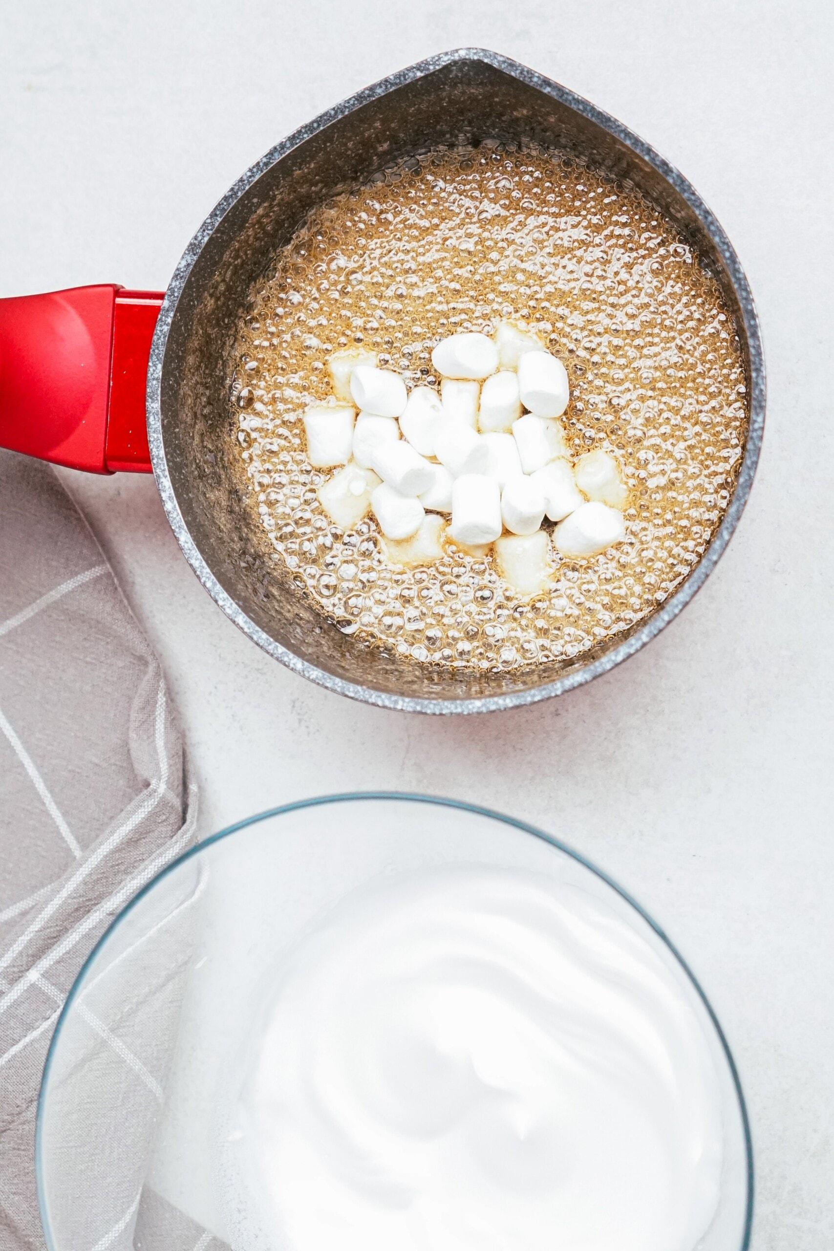 marshamallows added to hot sugar mixture